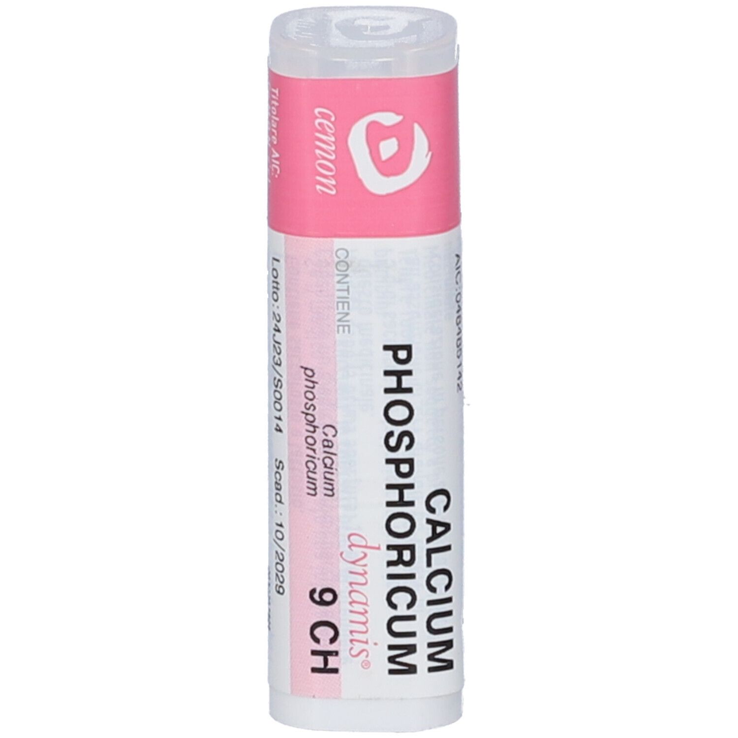 Flacone multidose cilindrico, etichetta rosa e bianca. Scritta: Calcium Phosphoricum dynamis 9 CH. Produttore: Cemon.