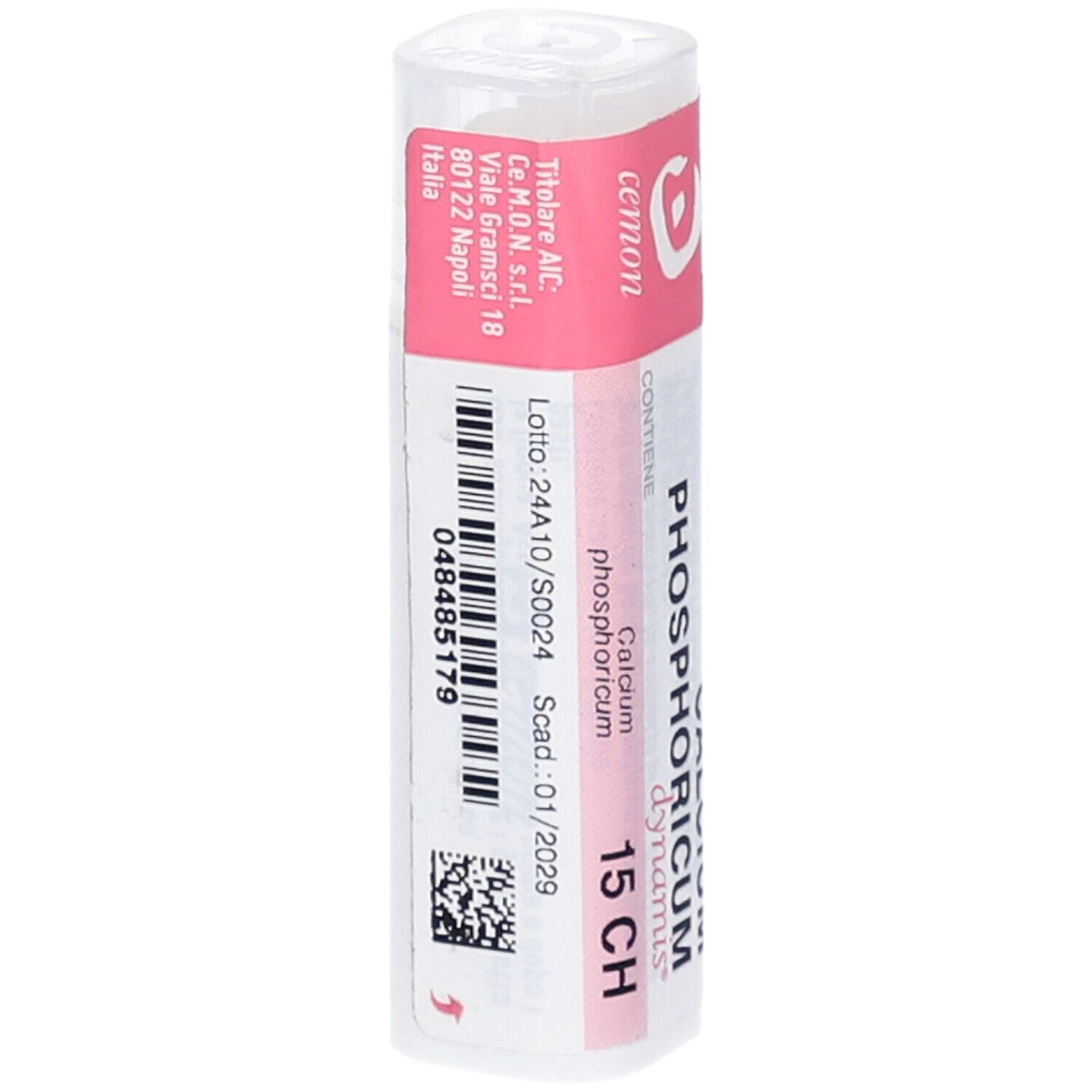 Flacone bianco con etichetta rosa. Testo: Calcium Phosphoricum dynamis 15 CH.