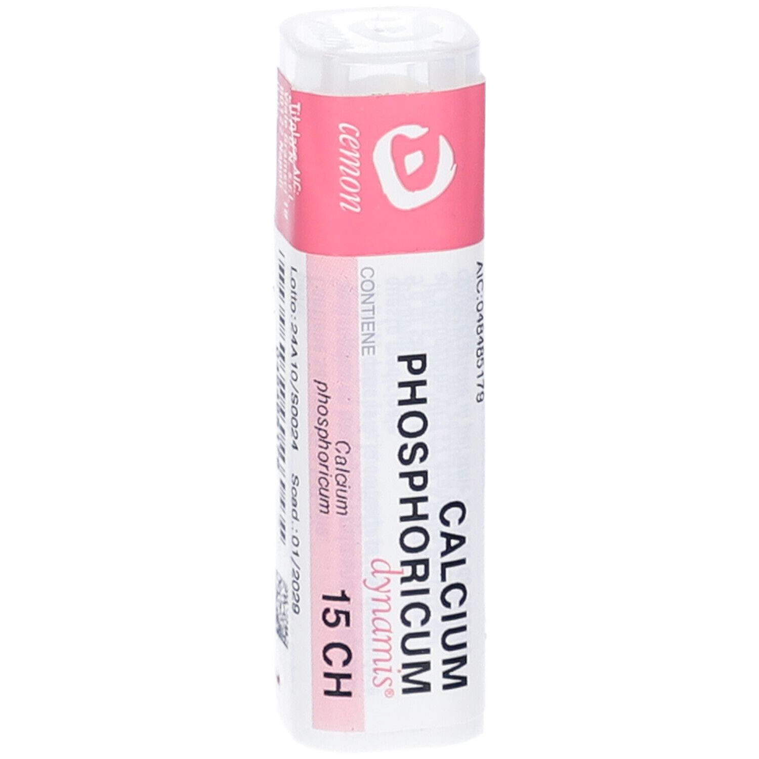 Flacone bianco con etichetta rosa. Testo: Calcium Phosphoricum dynamis 15 CH.