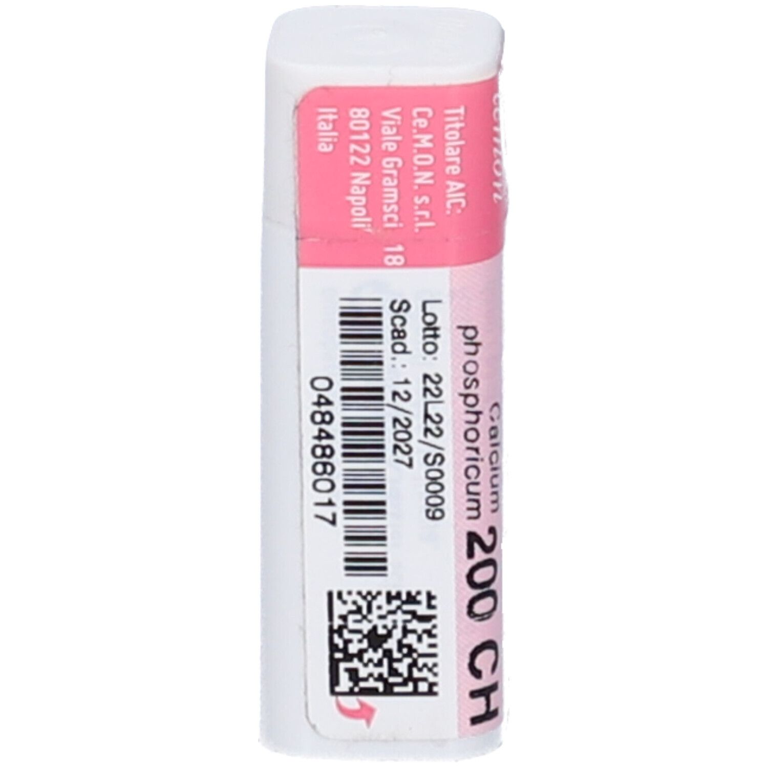 Flacone cilindrico bianco con tappo rosa. Codice a barre e testo: Calcium Phosphoricum 200 CH. Dettagli di produzione.