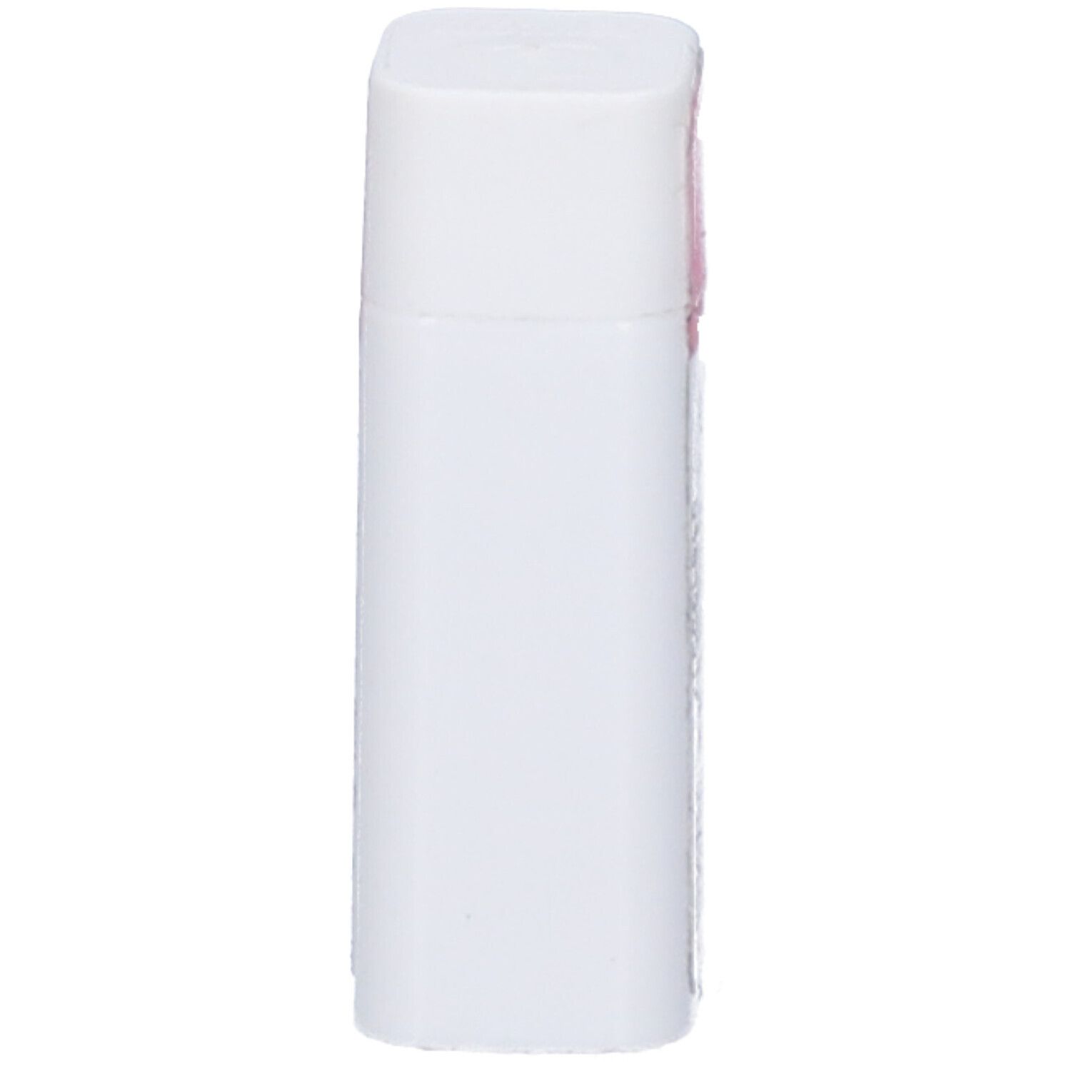 Flacone bianco rettangolare con bordi arrotondati. Tappo rosa. Nessuna altra scritta visibile.