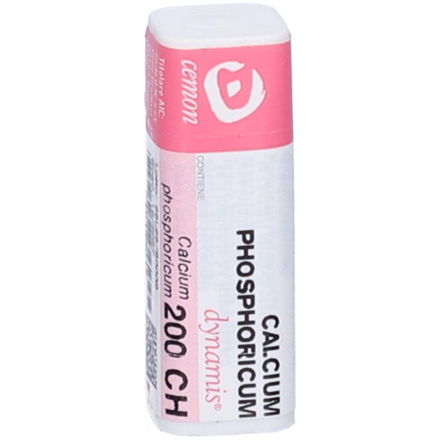 Flacone cilindrico bianco con tappo rosa. Scritta: Calcium Phosphoricum 200 CH, dynamis, cemon.
