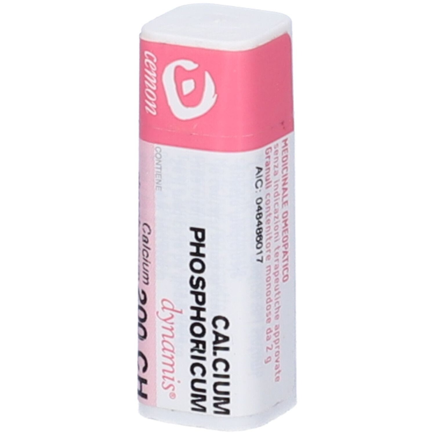 Flacone cilindrico bianco con tappo rosa. Scritta: Calcium Phosphoricum 200 CH, dynamis, cemon.