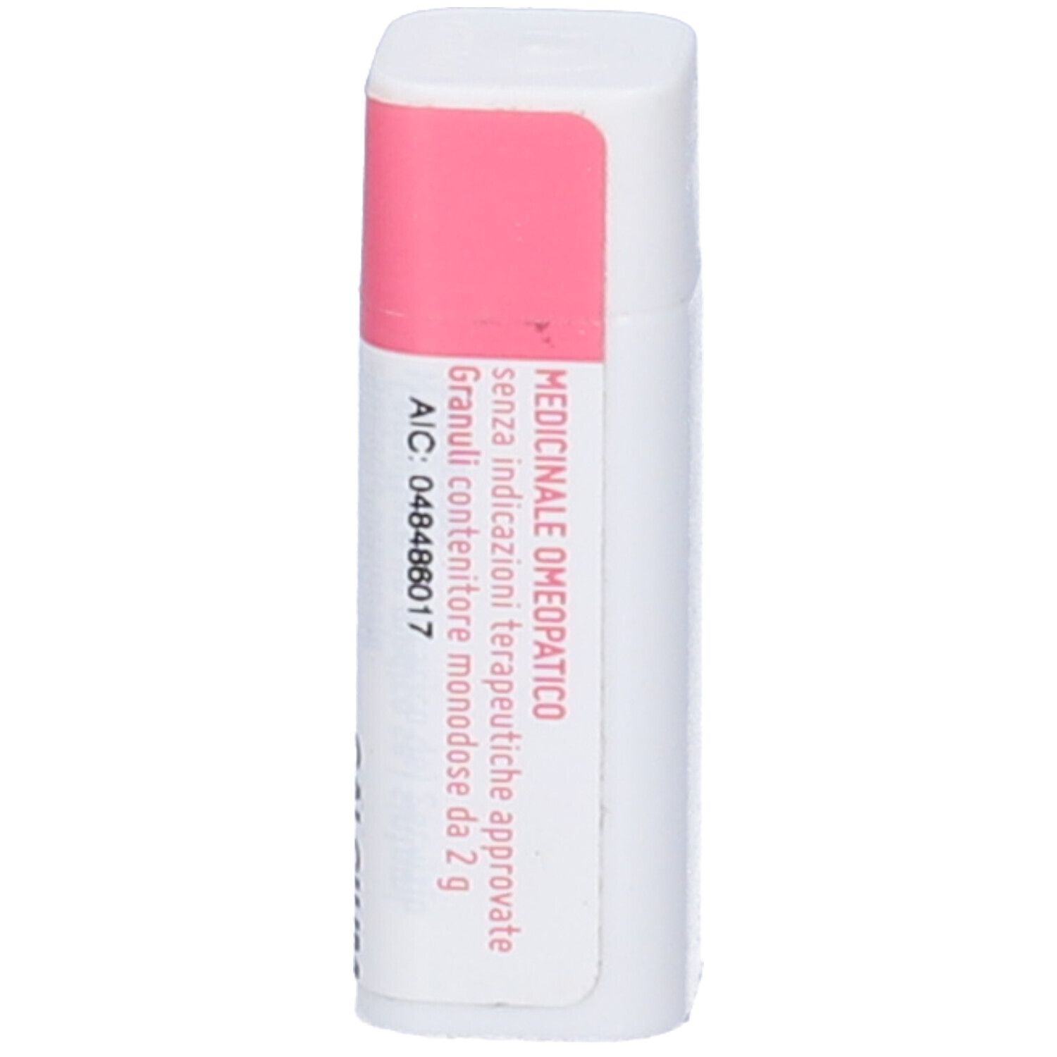 Flacone bianco rettangolare con tappo rosa. Scritta: Medicinale, Granuli, 2g. AIC: 048486017.