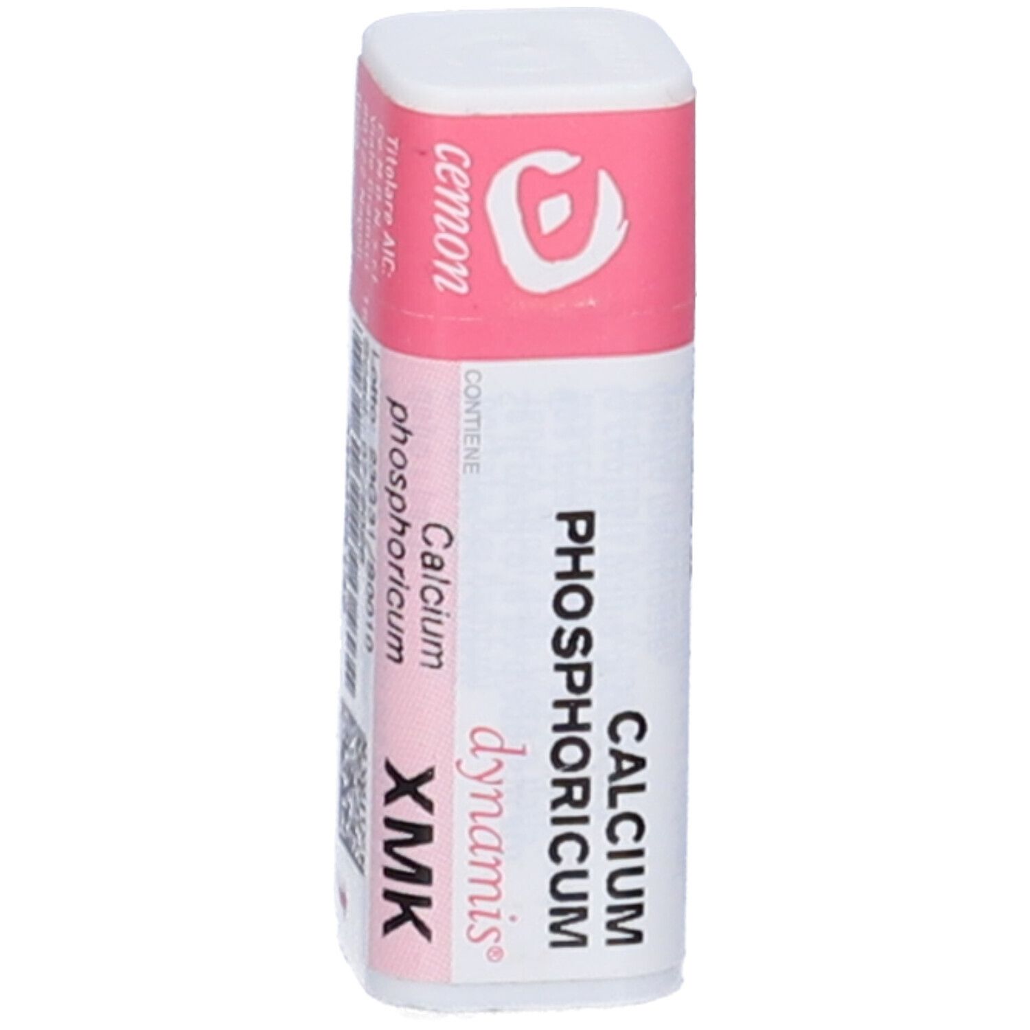 Confezione cilindrica. Etichette rosa e bianche con testo: Calcium Phosphoricum dynamis XMK. Logo: Cemon.
