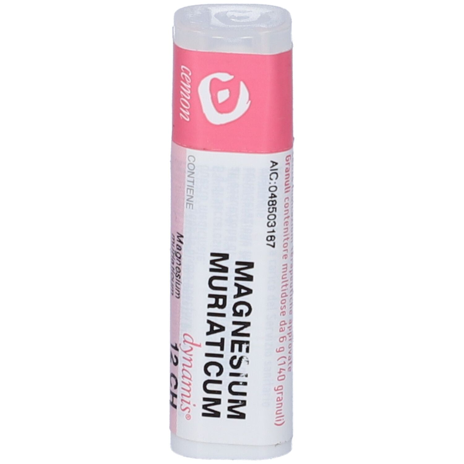 Flacone bianco con etichetta rosa. L'etichetta indica "Magnesium Muriaticum 12 CH".
