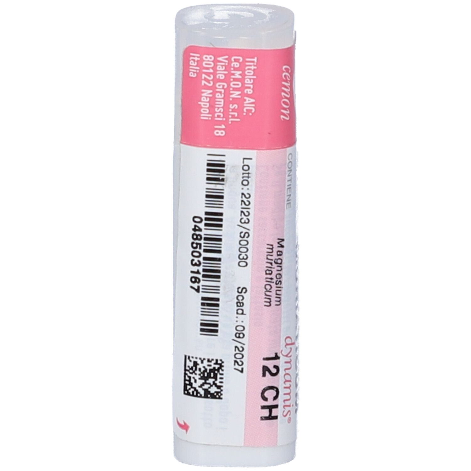 Flacone bianco con etichetta rosa. L'etichetta indica "Magnesium Muriaticum 12 CH".