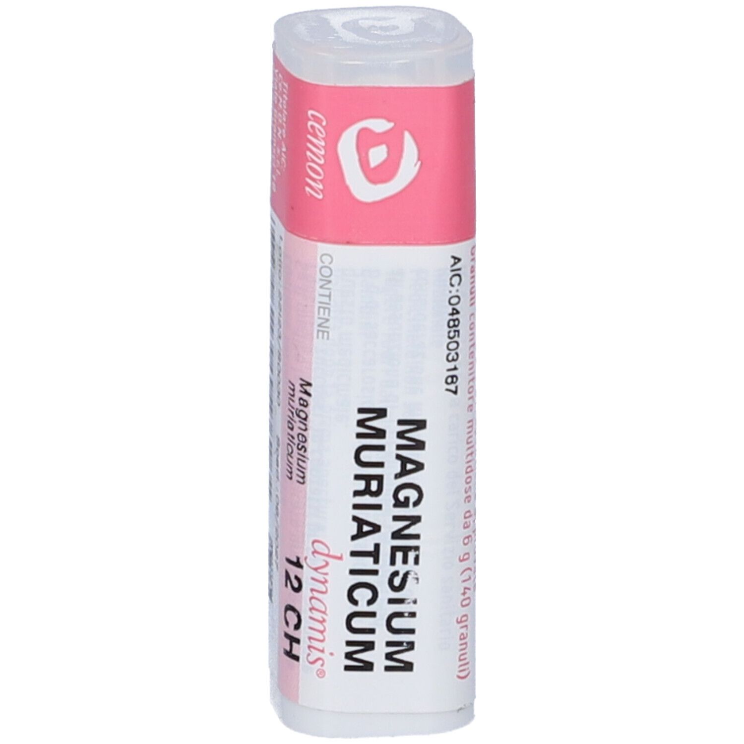 Flacone bianco con etichetta rosa. L'etichetta indica "Magnesium Muriaticum 12 CH".