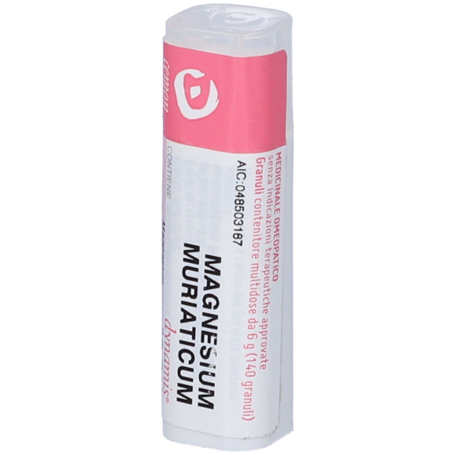 Flacone bianco con etichetta rosa. L'etichetta indica "Magnesium Muriaticum 12 CH".