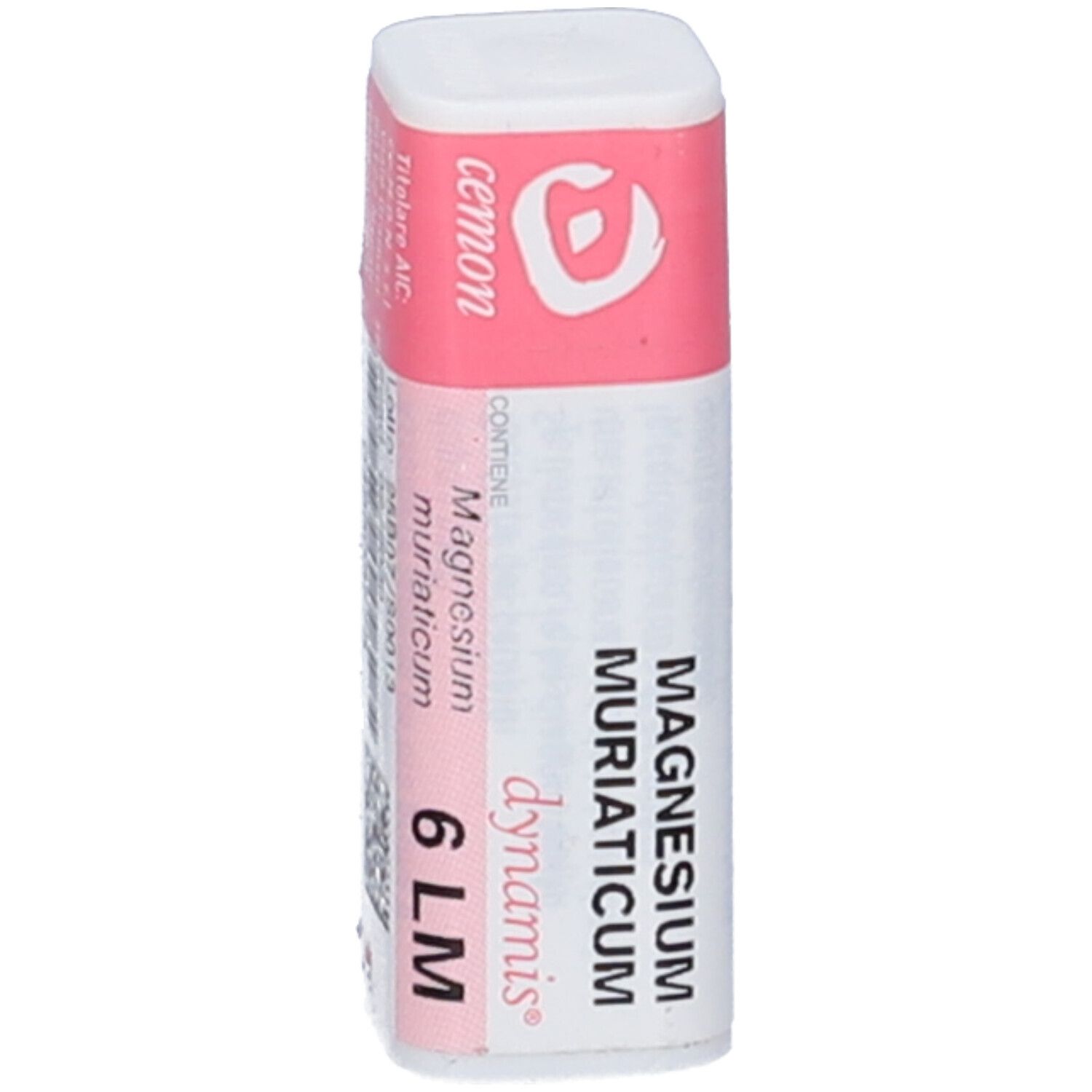Flacone cilindrico con etichetta rosa e bianca. Scritta: MAGNESIUM MURIATICUM, 6 LM, dynamis, cemon. Contiene granuli.
