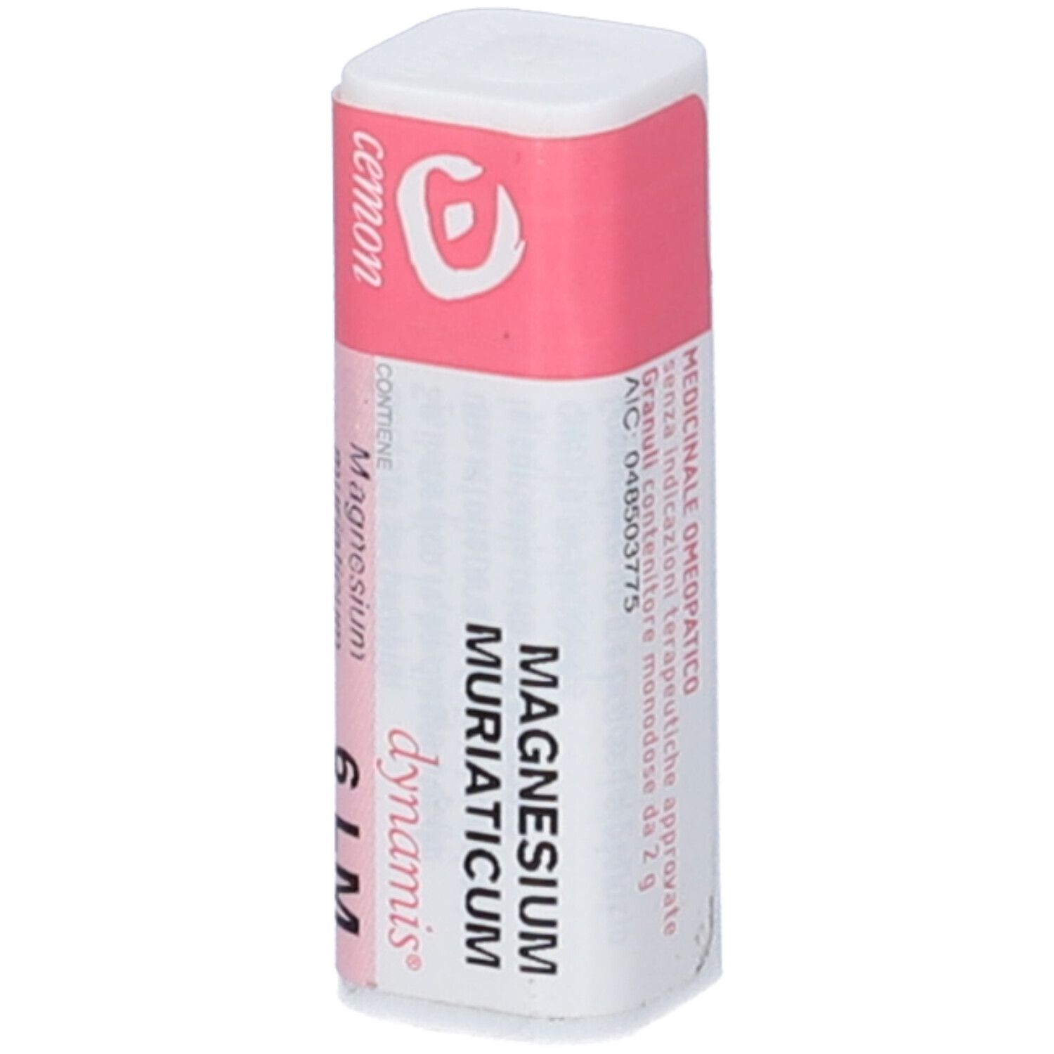Flacone cilindrico con etichetta rosa e bianca. Scritta: MAGNESIUM MURIATICUM, 6 LM, dynamis, cemon. Contiene granuli.