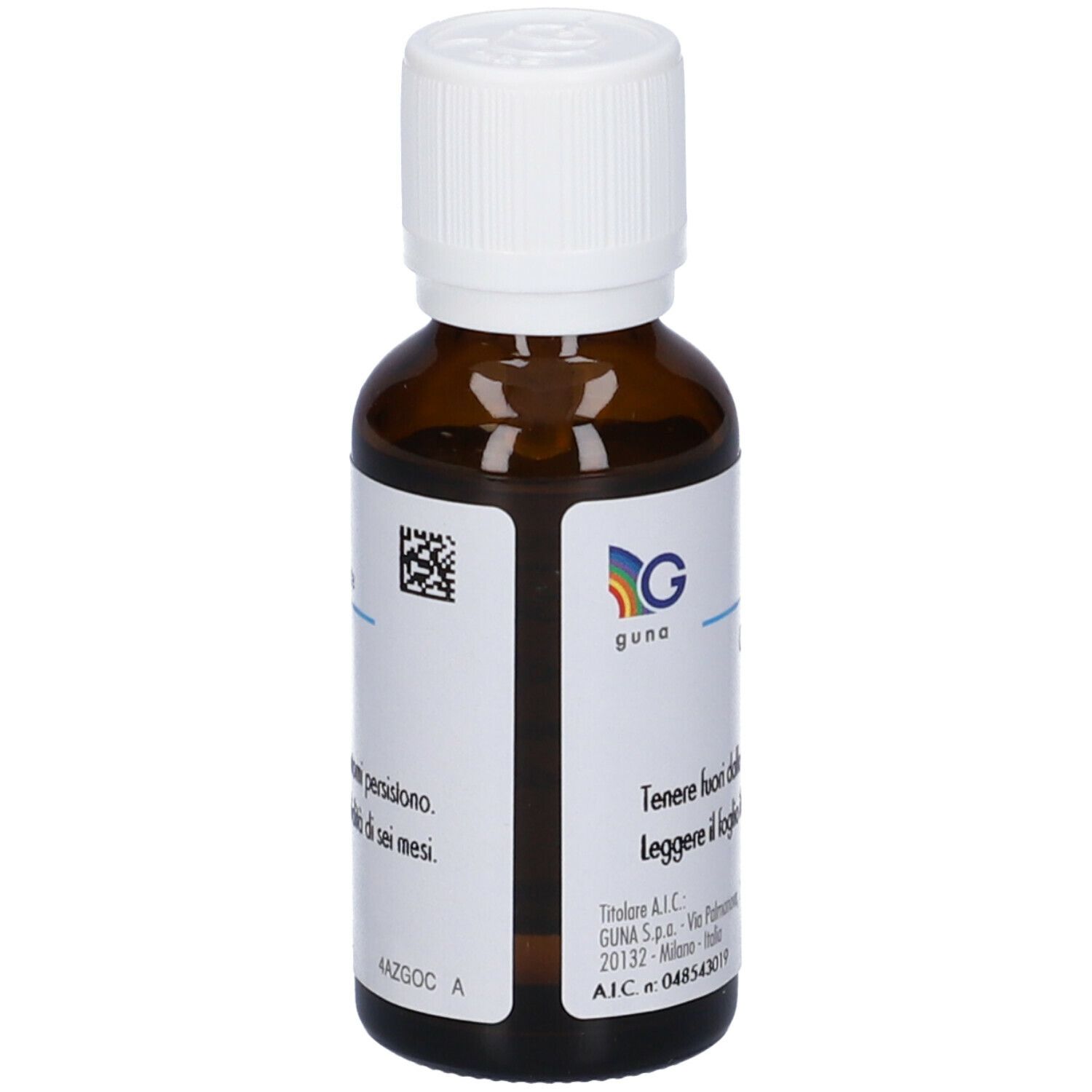 Retro di un flacone di vetro marrone con tappo bianco. Etichetta con testo e codice QR.