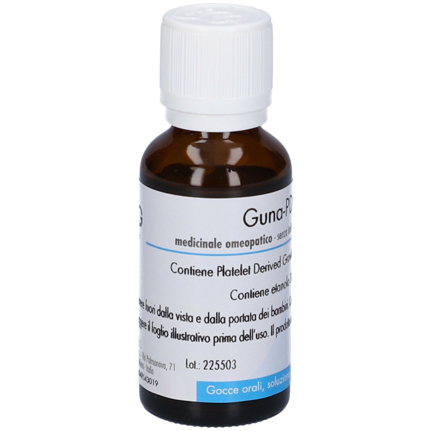 Flacone di vetro marrone con tappo bianco. Etichetta con testo e logo. Formulazione in gocce.