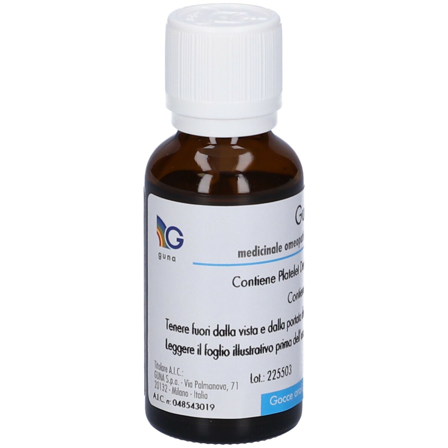 Flacone di vetro marrone con tappo bianco. Etichetta con testo e logo. Formulazione in gocce.