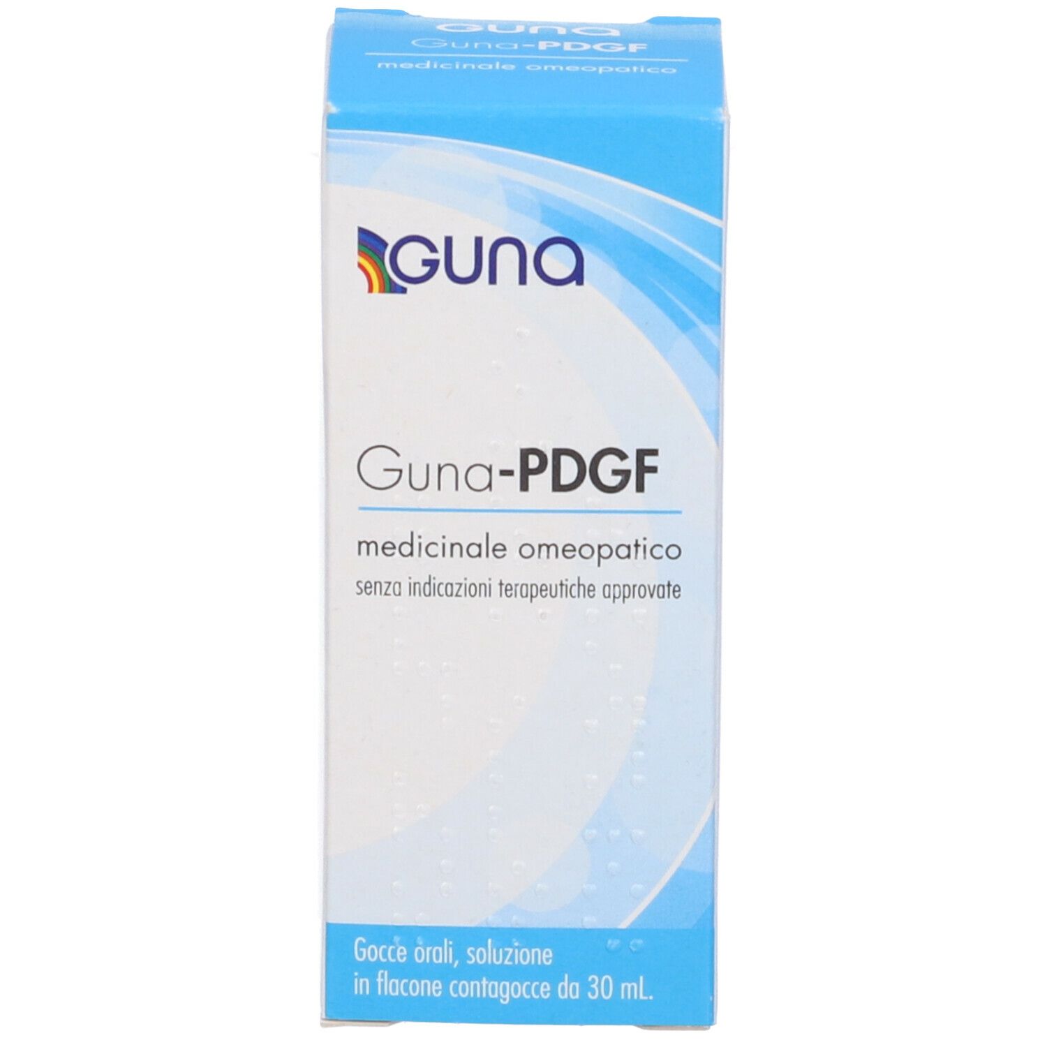 Scatola blu con testo bianco. Scritta 'Guna-PDGF'. Formulazione in gocce, 30 ml.