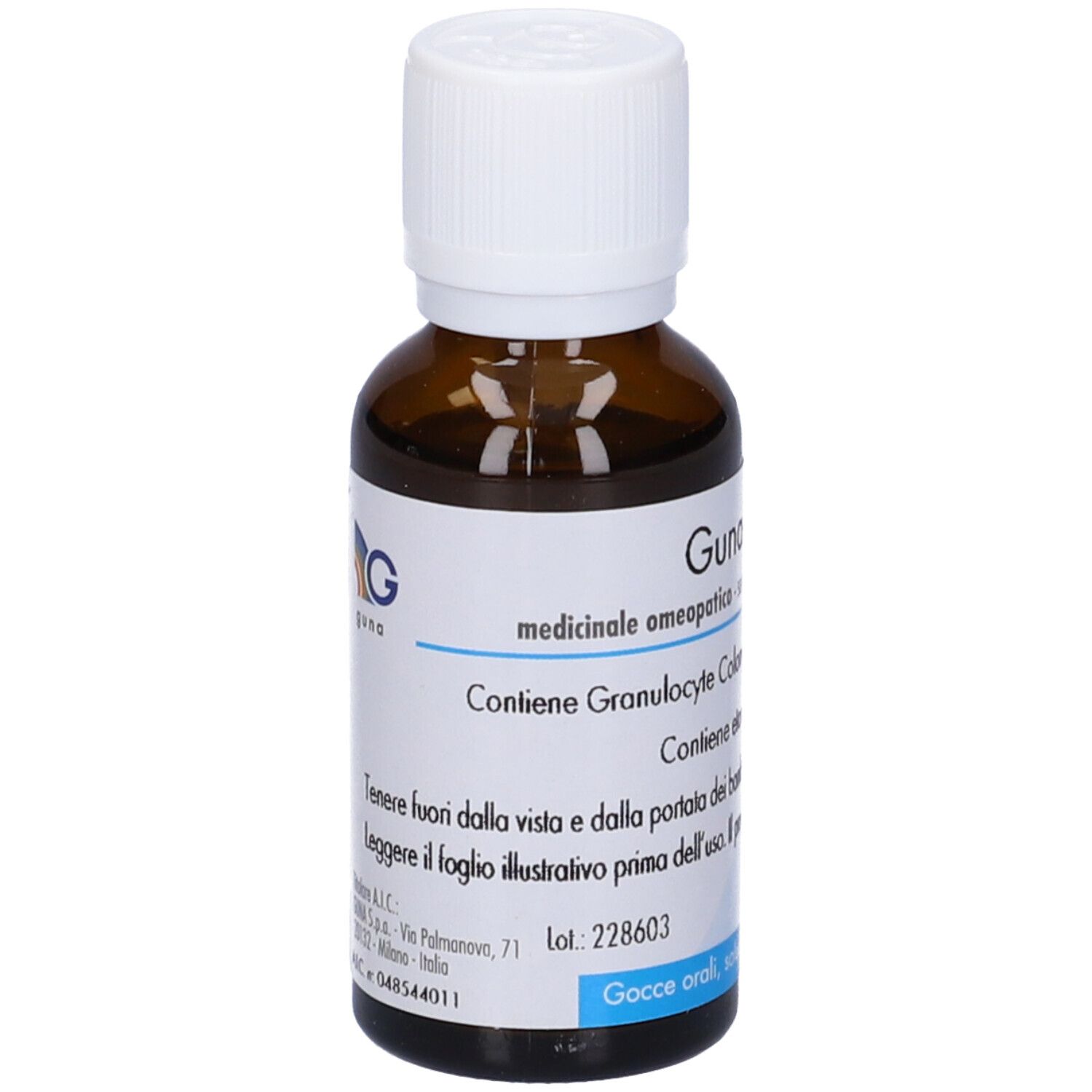 Flacone di vetro marrone con tappo bianco. Etichetta con informazioni sul prodotto. Testo: Guna, medicinale omeopatico, gocce orali.