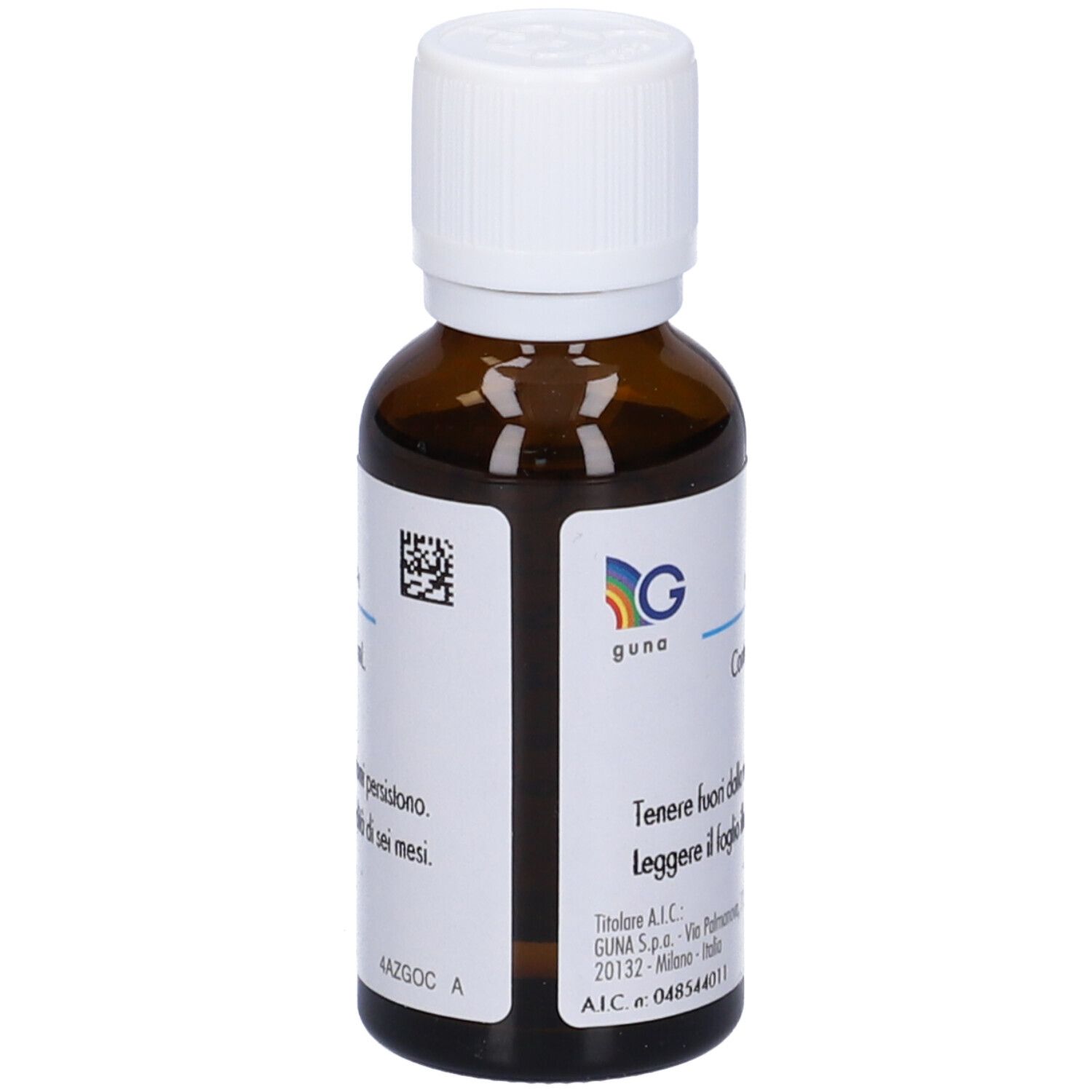 Flacone di vetro marrone con tappo bianco. Etichetta con informazioni sul prodotto. Testo: Guna, C4, gocce orali.