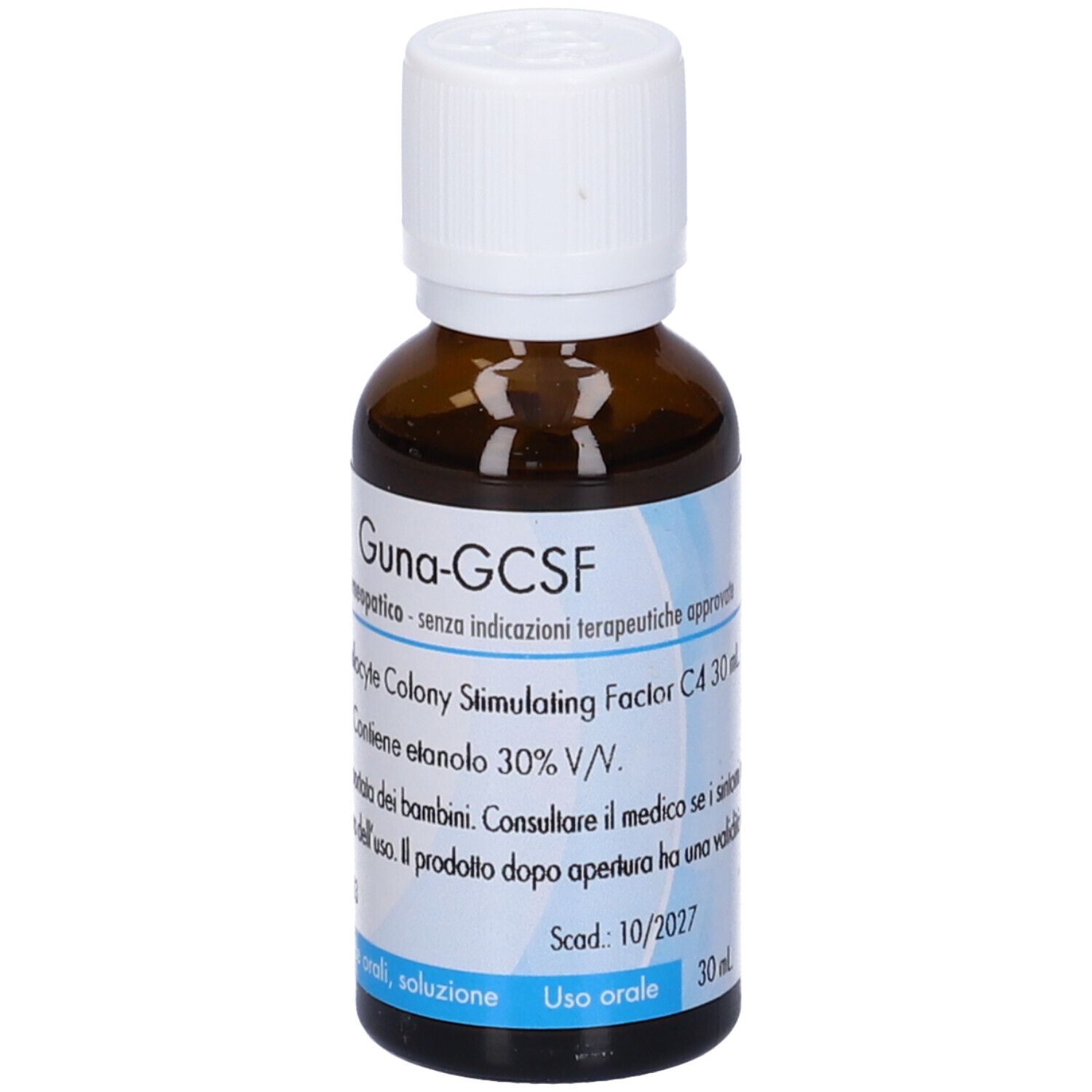 Flacone di vetro marrone con tappo bianco. Etichetta con informazioni sul prodotto. Testo: Guna-GCSF, Uso orale, 30 ml.