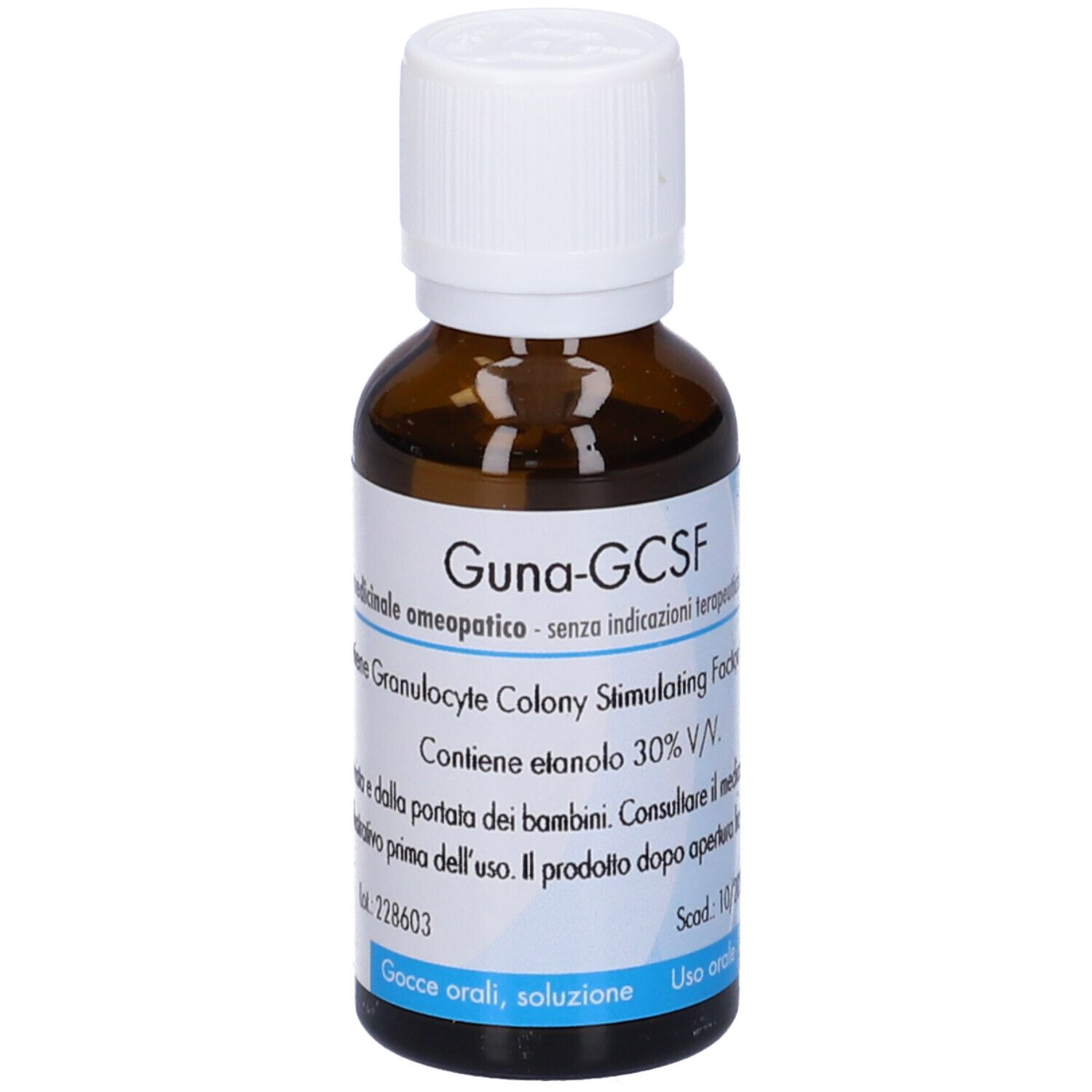 Flacone di vetro marrone con tappo bianco. Etichetta con informazioni sul prodotto. Testo: Guna-GCSF, gocce orali, soluzione.