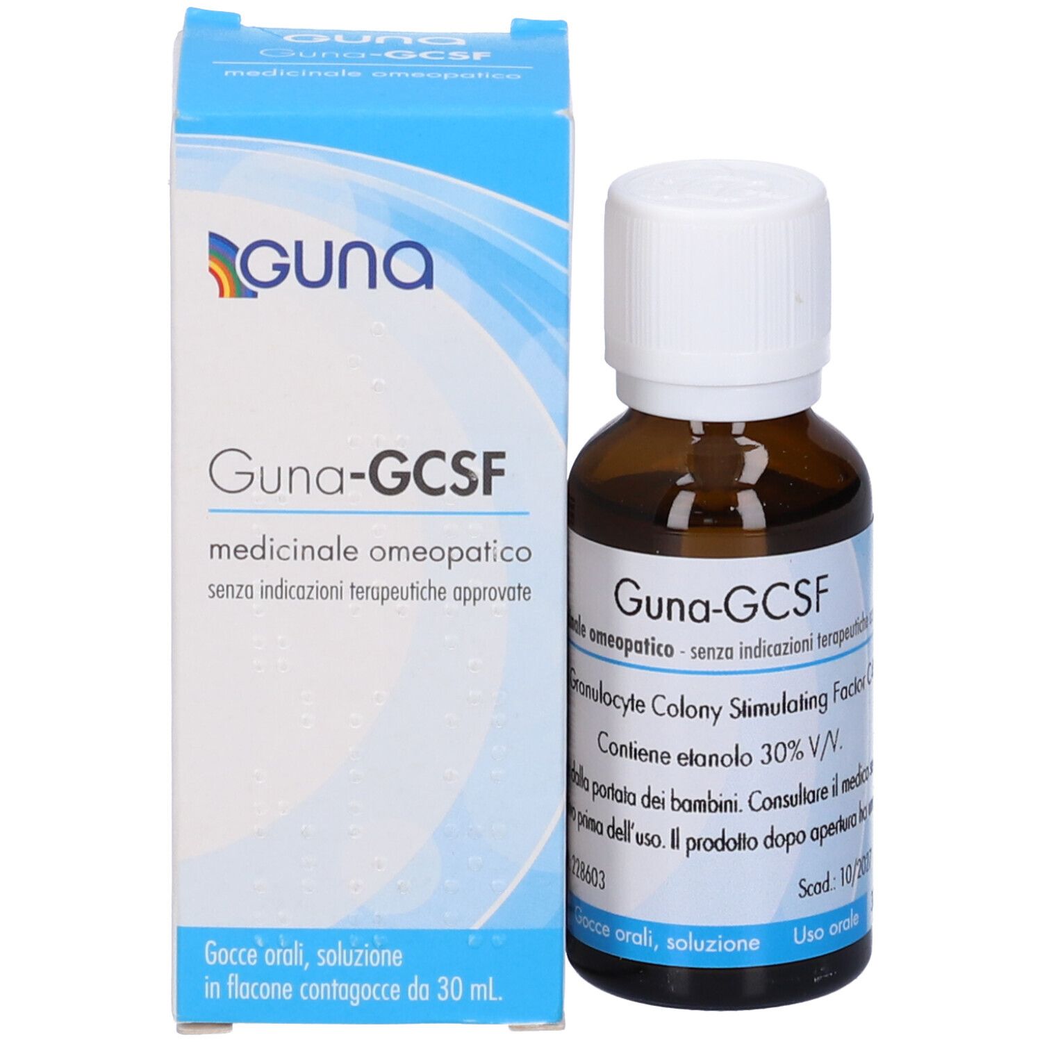 Confezione e flacone. Scatola blu e flacone in vetro marrone. Testo: Guna-GCSF, gocce orali, 30 ml.