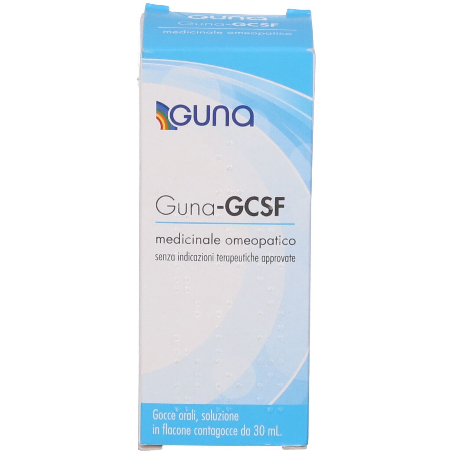 Confezione blu. Testo: Guna-GCSF, gocce orali, 30 ml.