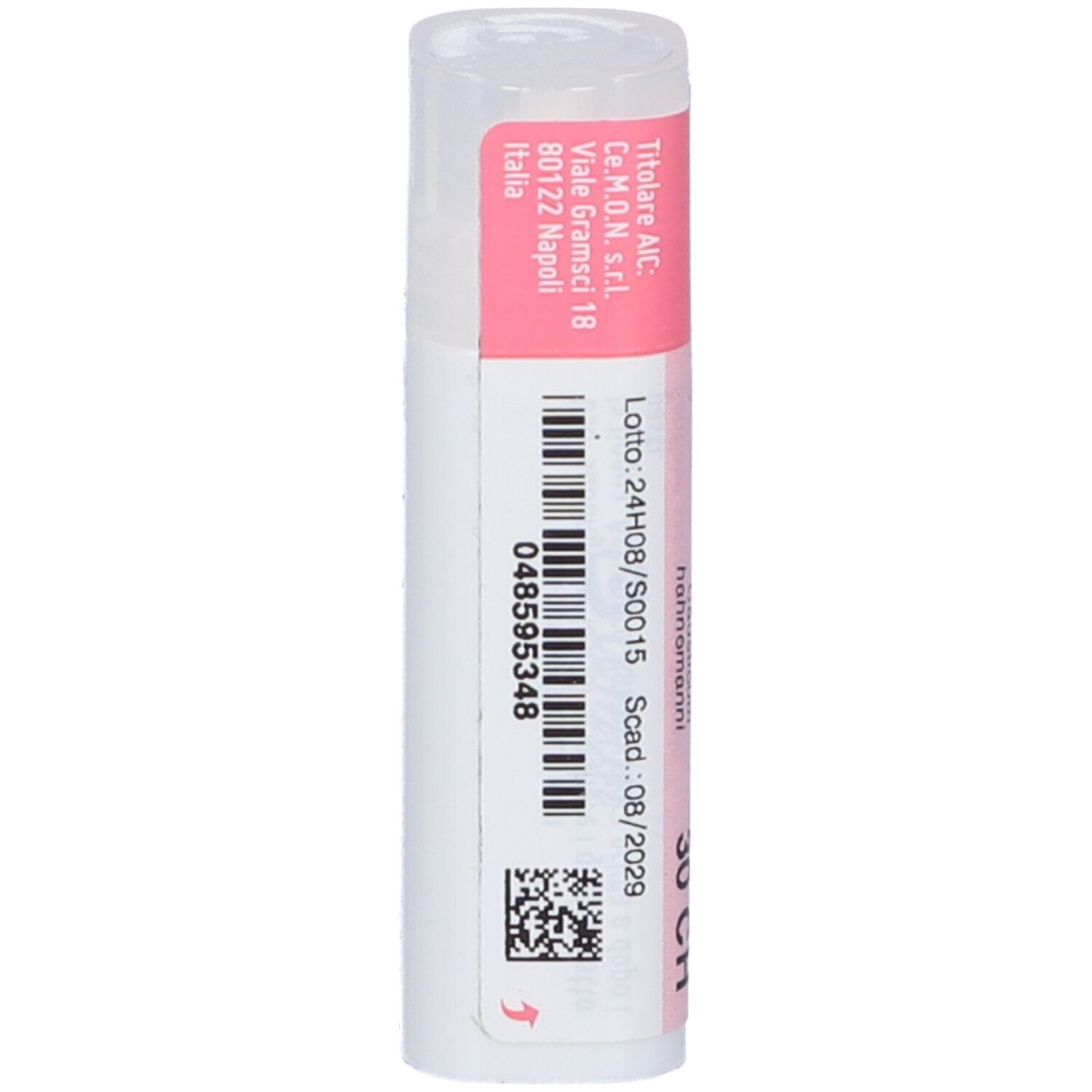 Confezione cilindrica con etichetta rosa. Contiene informazioni come numero di lotto, data di scadenza e indirizzo del produttore.