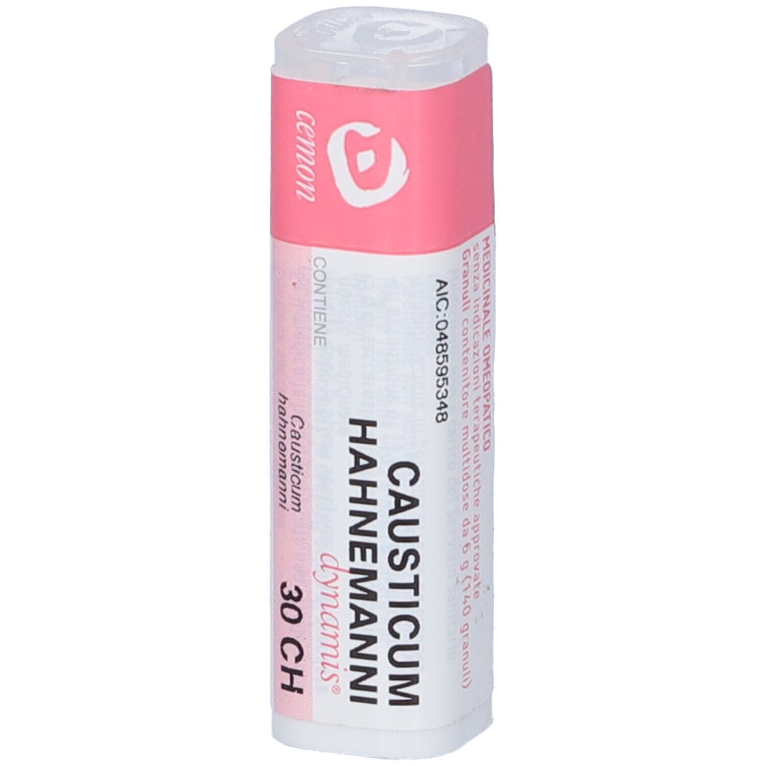 Confezione multidose cilindrica. Etichetta rosa con nome prodotto e marchio Cemon. Contiene Causticum Hahnemanni Dynamis 30 CH.