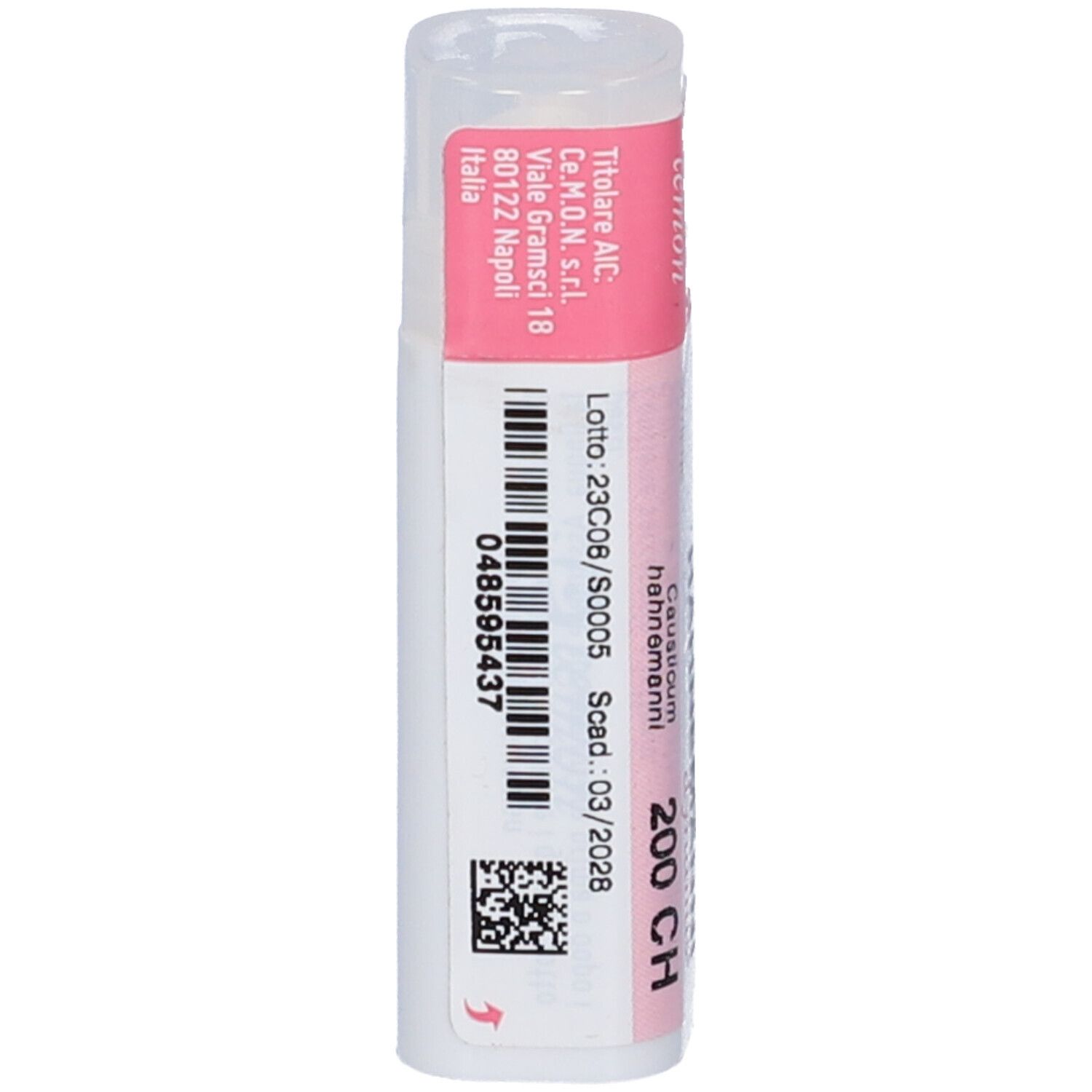 Contenitore multidose cilindrico bianco con etichetta rosa. Codice a barre e informazioni. Scadenza: 03/2028.