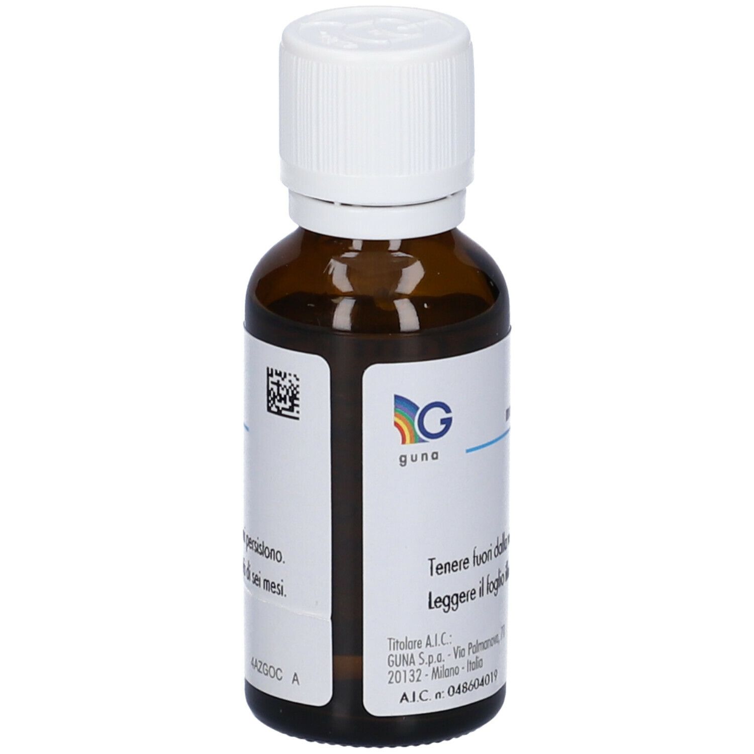 Flacone di vetro marrone con tappo bianco. Etichetta con testo e codice QR. Logo Guna. Gocce.