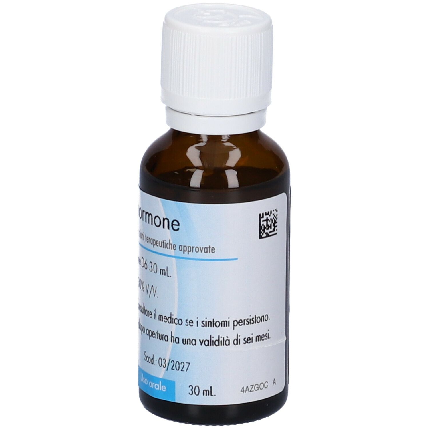 Flacone di vetro marrone con tappo bianco. Etichetta con testo: Parathormone D6 30 ml. Scadenza 03/2027. Gocce.