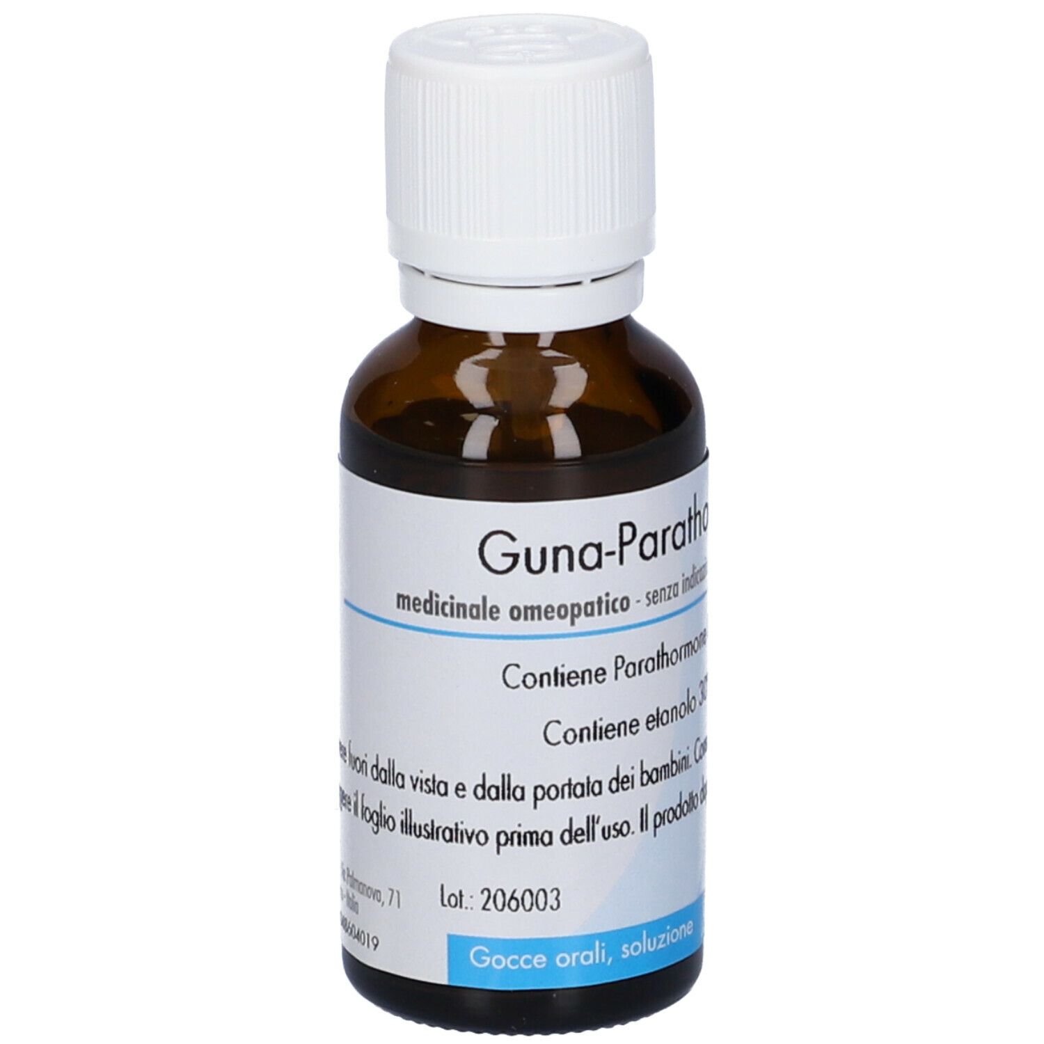 Flacone di vetro marrone con tappo bianco. Etichetta con testo: Guna-Parathormone, omeopatico. Gocce.