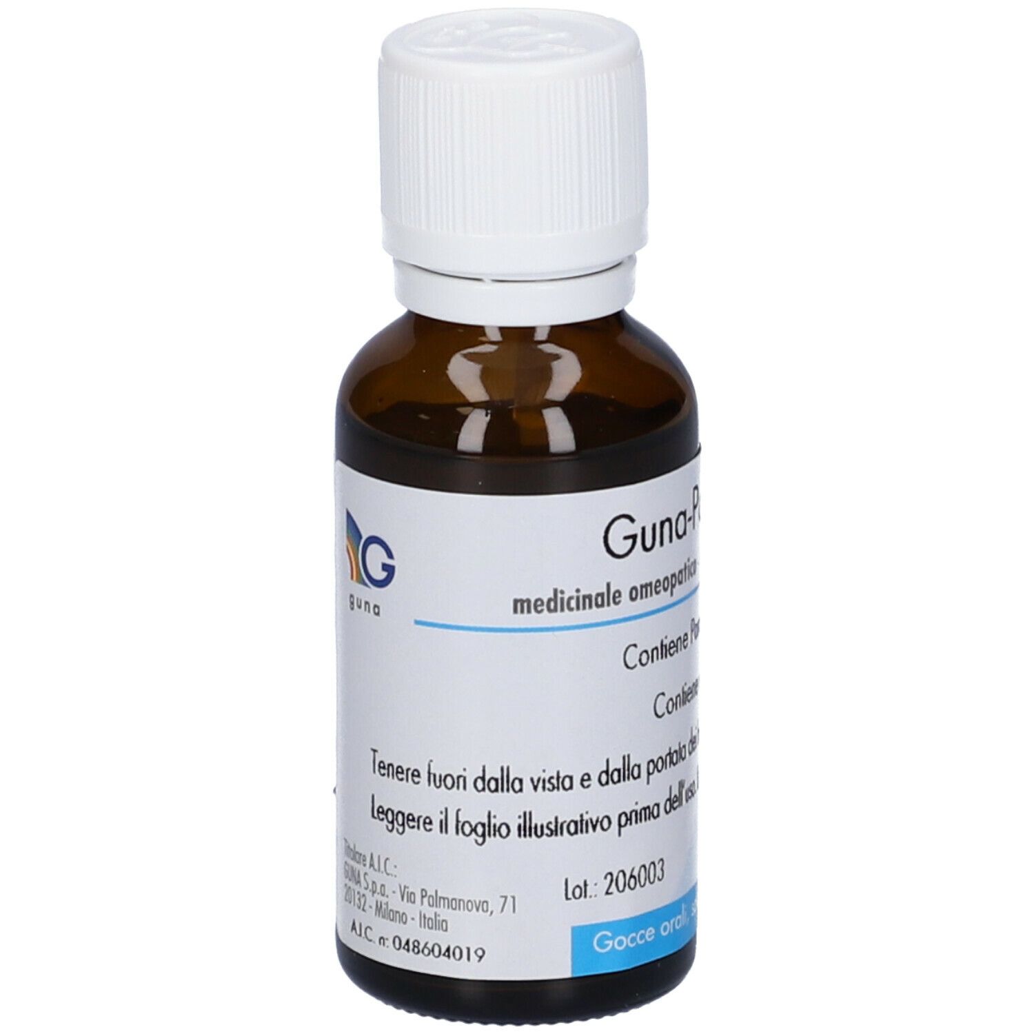 Flacone di vetro marrone con tappo bianco. Etichetta con testo e logo Guna. Gocce.