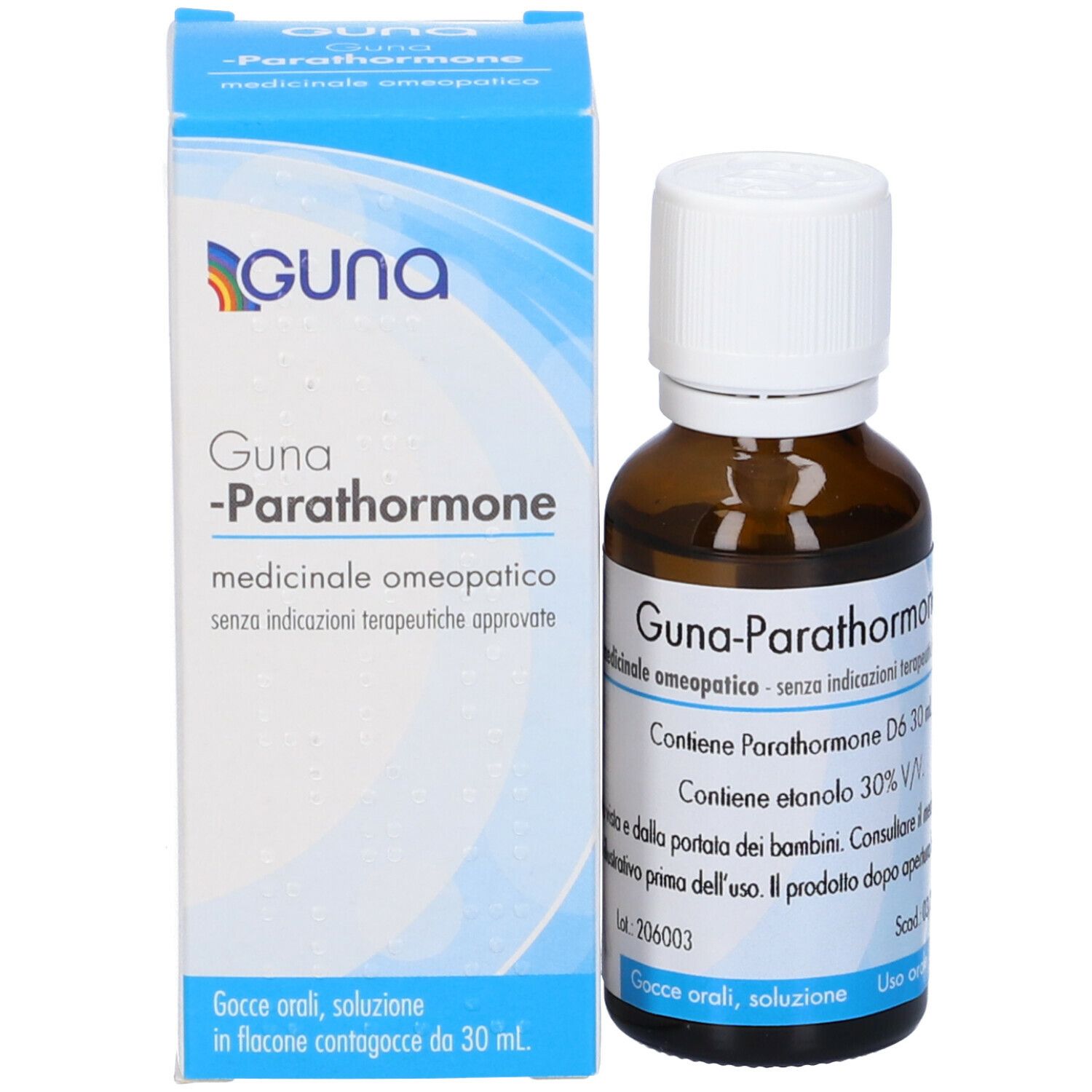 Flacone e scatola Guna-Parathormone. Flacone marrone, tappo bianco. Scatola con logo e testo.