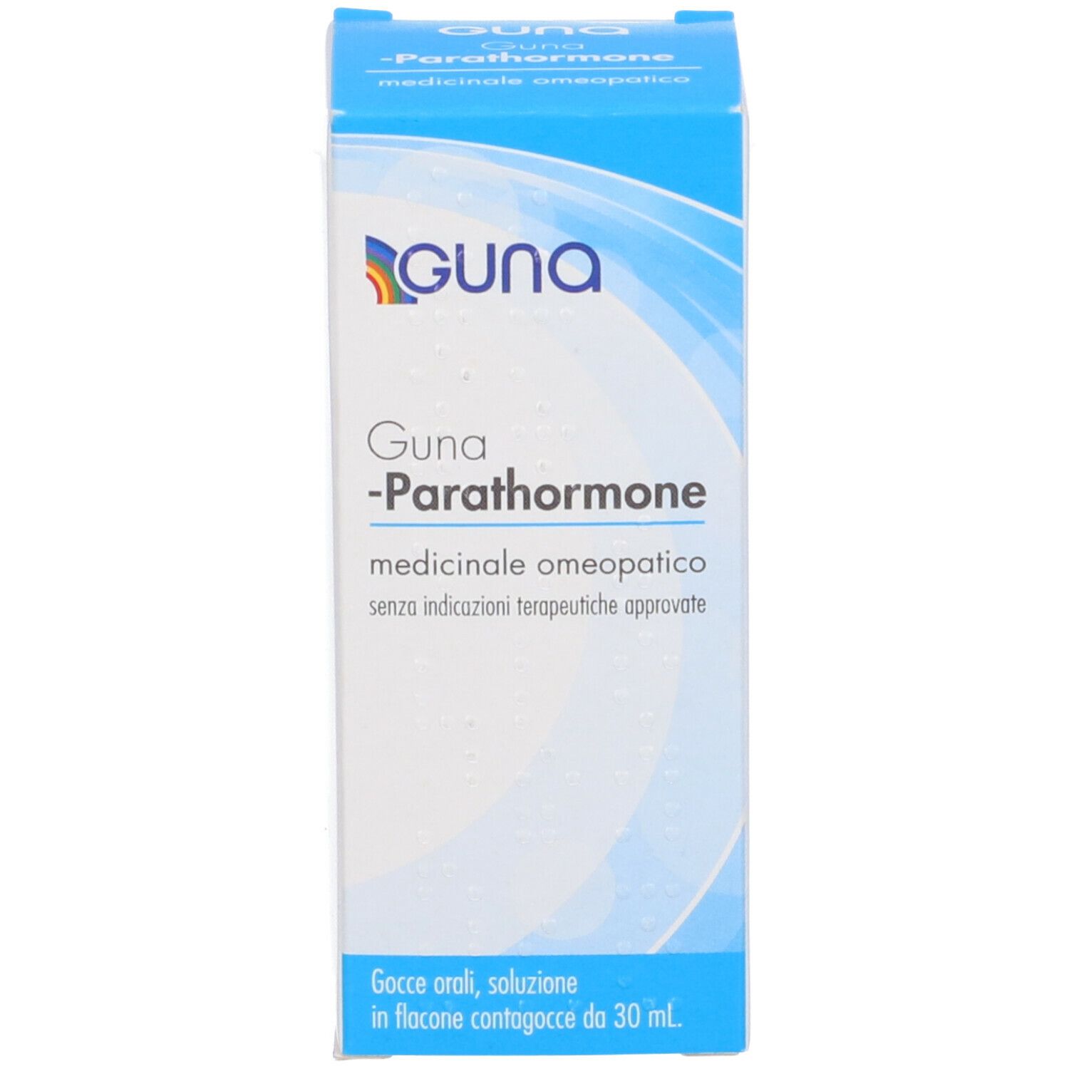 Scatola blu con logo Guna e testo: Guna-Parathormone, omeopatico. Gocce in flacone.