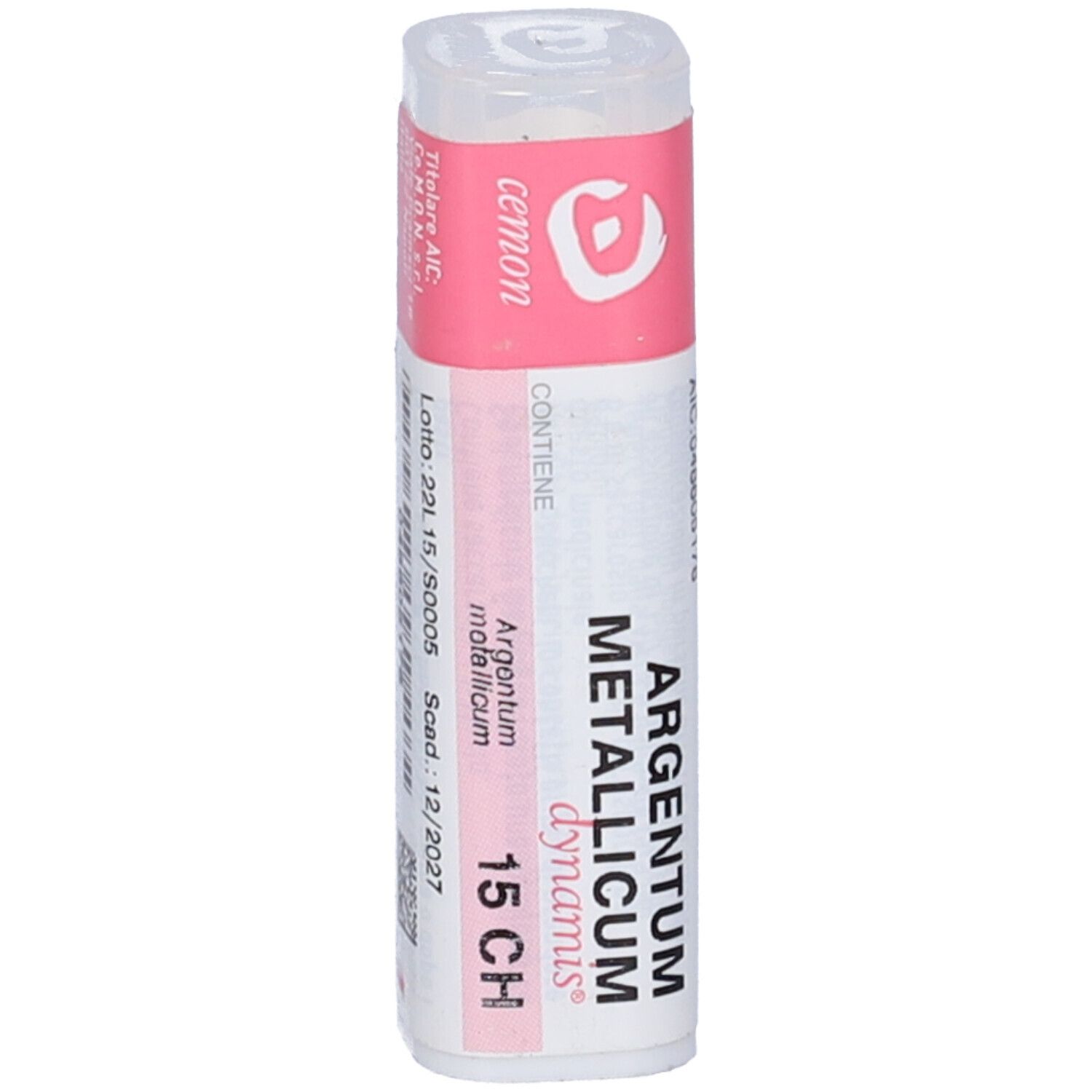 Flacone cilindrico bianco con etichetta rosa. Scritta: Argentum Metallicum dynamis 15 CH. Marchio: cemon.