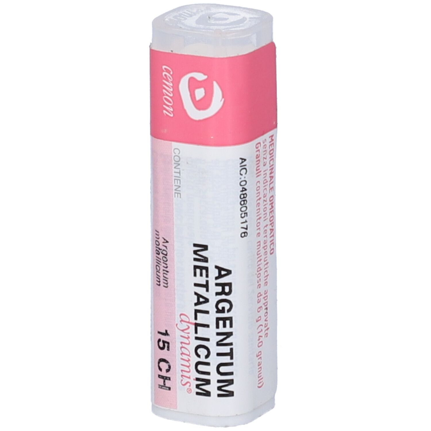 Flacone cilindrico bianco con etichetta rosa. Scritta: Argentum Metallicum dynamis 15 CH. Marchio: cemon.