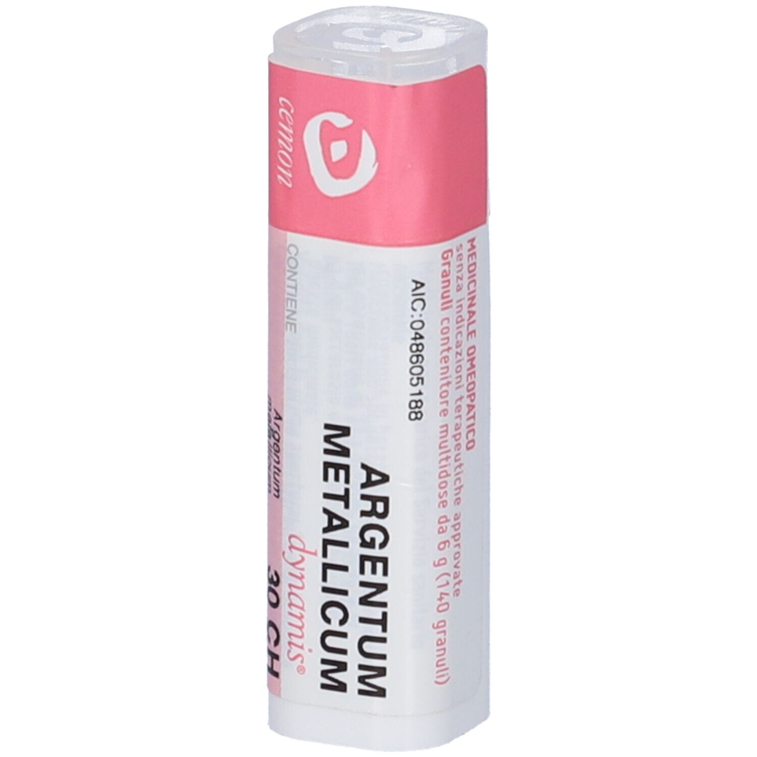 Flacone cilindrico con etichetta rosa e bianca. Scritta: ARGENTUM METALLICUM 30 CH. Logo del produttore.