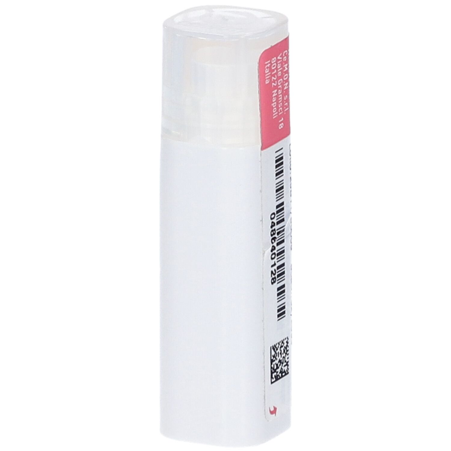 Flacone cilindrico bianco con etichetta rosa. L'etichetta contiene un codice a barre e testo. Marchio: Cemon.