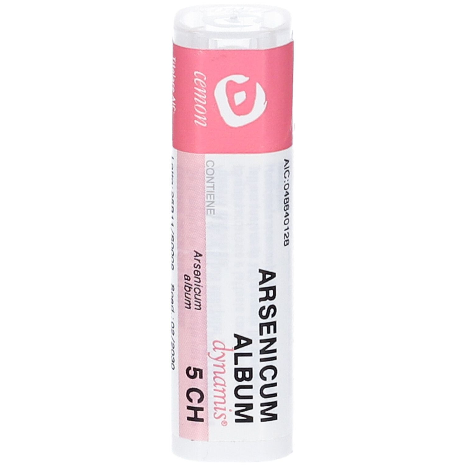 Flacone cilindrico con etichetta rosa. Scritta: Arsenicum album dynamis 5 CH. Contiene 140 granuli. Marchio: Cemon.