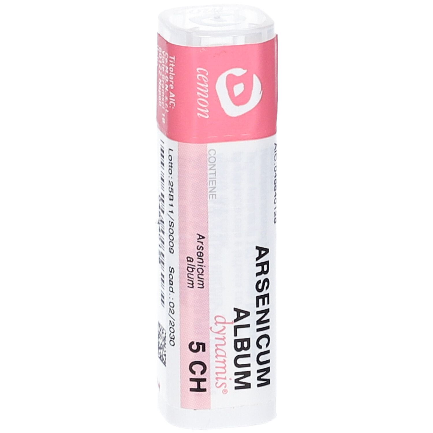 Flacone cilindrico con etichetta rosa. Scritta: Arsenicum album dynamis 5 CH. Contiene numero di lotto e scadenza. Marchio: Cemon.