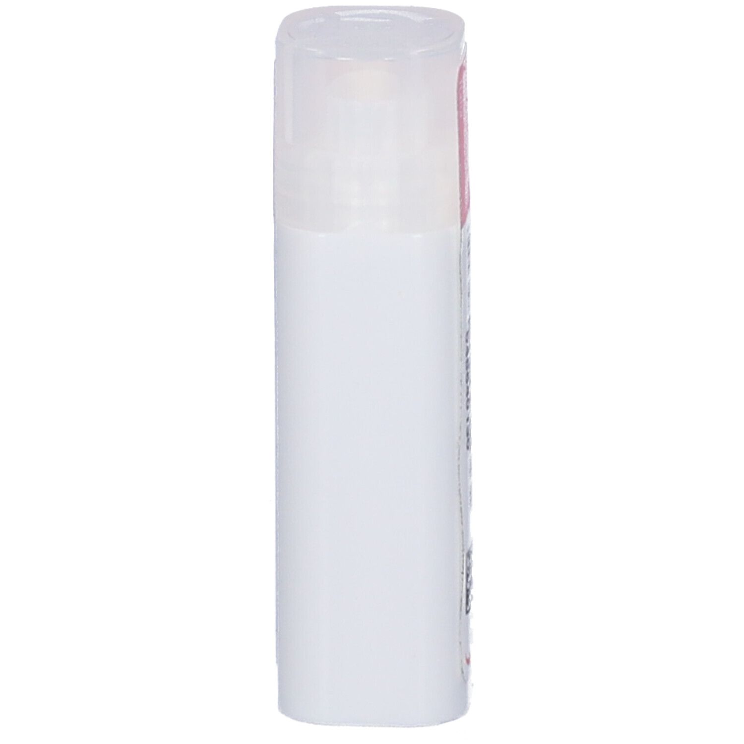 Flacone cilindrico bianco con coperchio trasparente. Etichetta rosa parzialmente visibile.