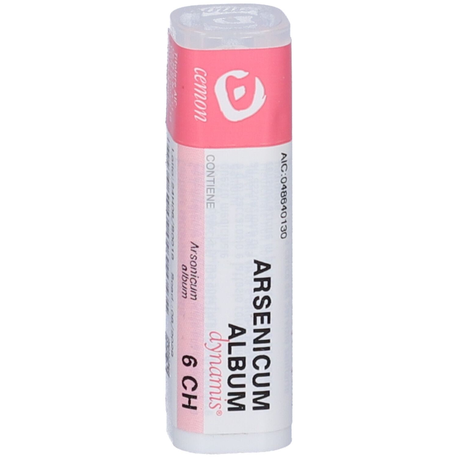 Flacone cilindrico con etichetta rosa e bianca. Scritta: Arsenicum Album Dynamis 6 CH. Marchio: Cemon.