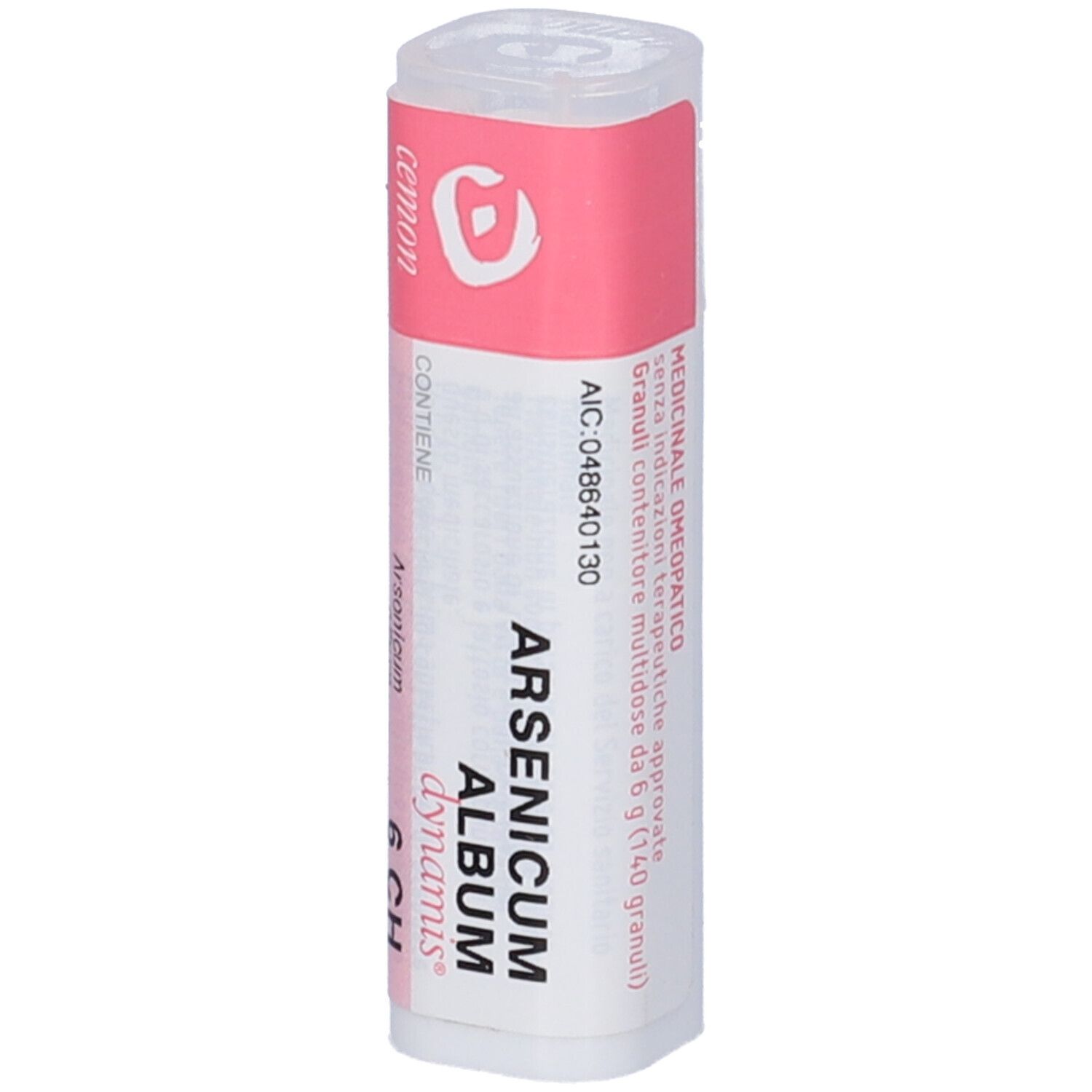 Flacone cilindrico con etichetta rosa e bianca. Scritta: Arsenicum Album Dynamis 6 CH. Marchio: Cemon.