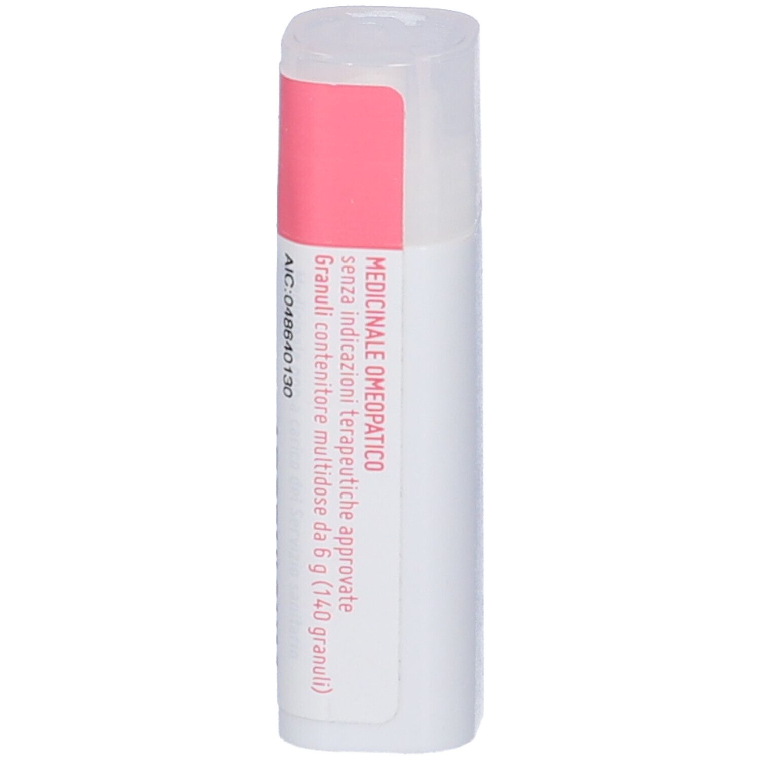 Flacone cilindrico bianco con etichetta rosa. Scritta: Arsenicum Album Dynamis 6 CH. Prodotto medico.