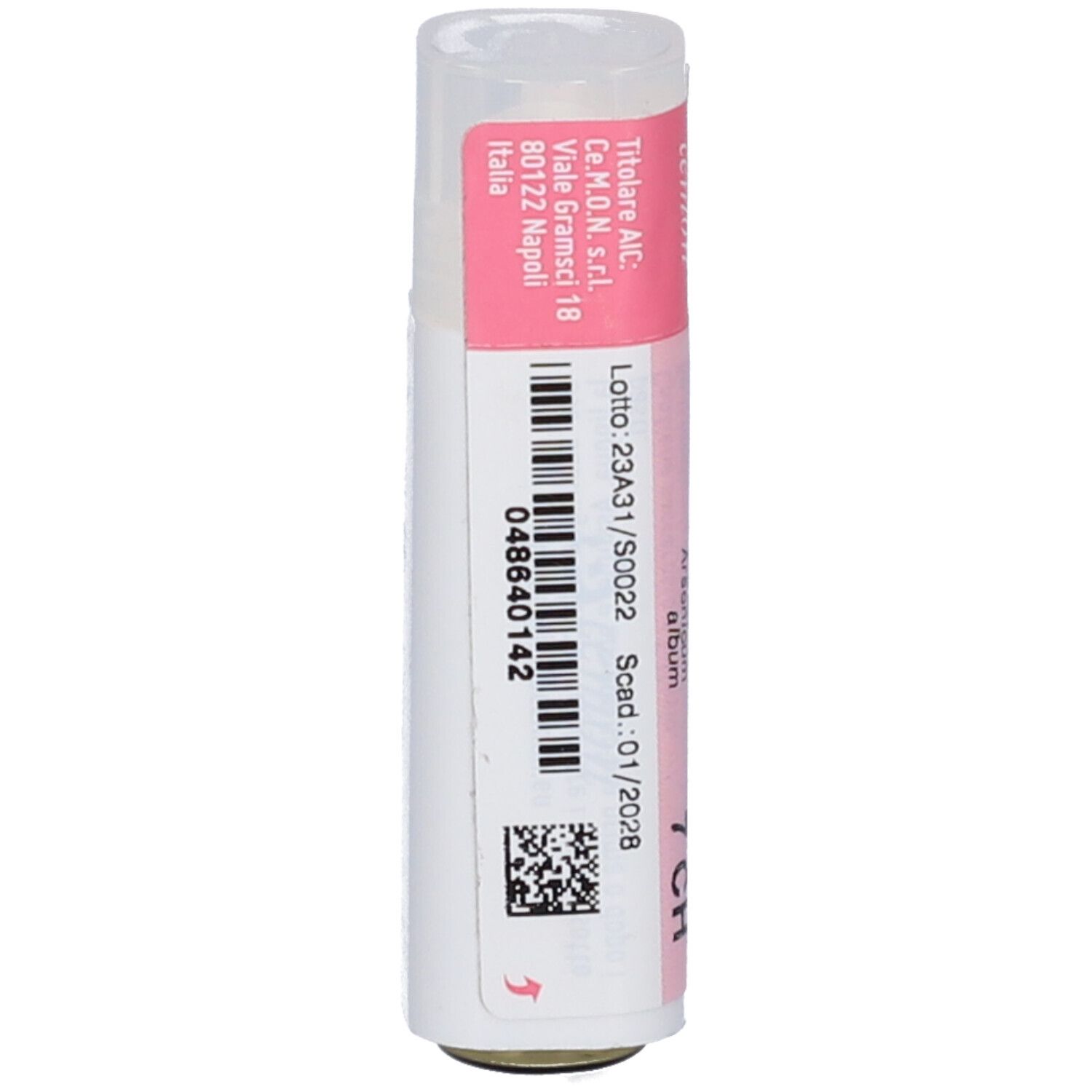 Flacone cilindrico con codice a barre e testo. Scritta: 048640142. Indirizzo: Ce.M.O.N. S.r.l. Viale Gramsci 18, 80122 Napoli, Italia.
