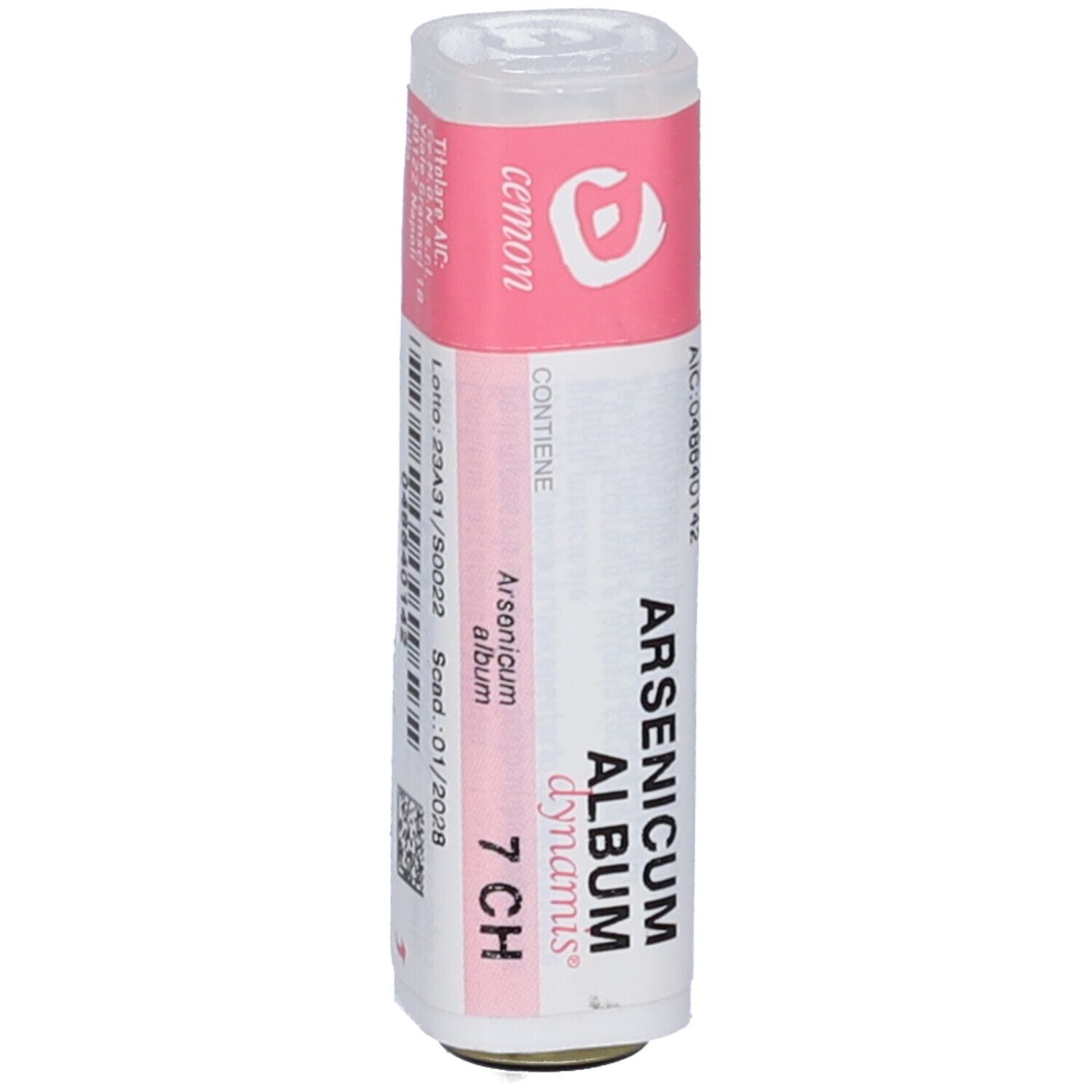 Flacone cilindrico con etichetta rosa e bianca. Scritta: Arsenicum album dynamis 7 CH. Marchio: cemon.