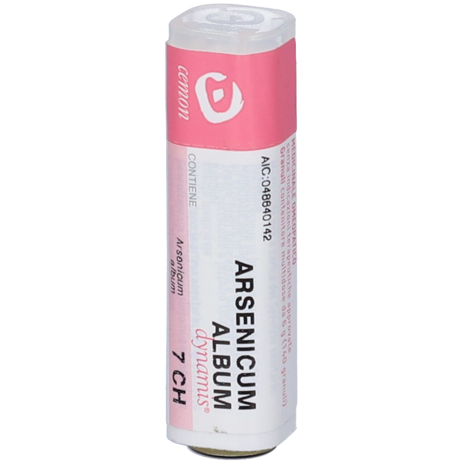 Flacone cilindrico con etichetta rosa e bianca. Scritta: Arsenicum album dynamis 7 CH. Marchio: cemon.