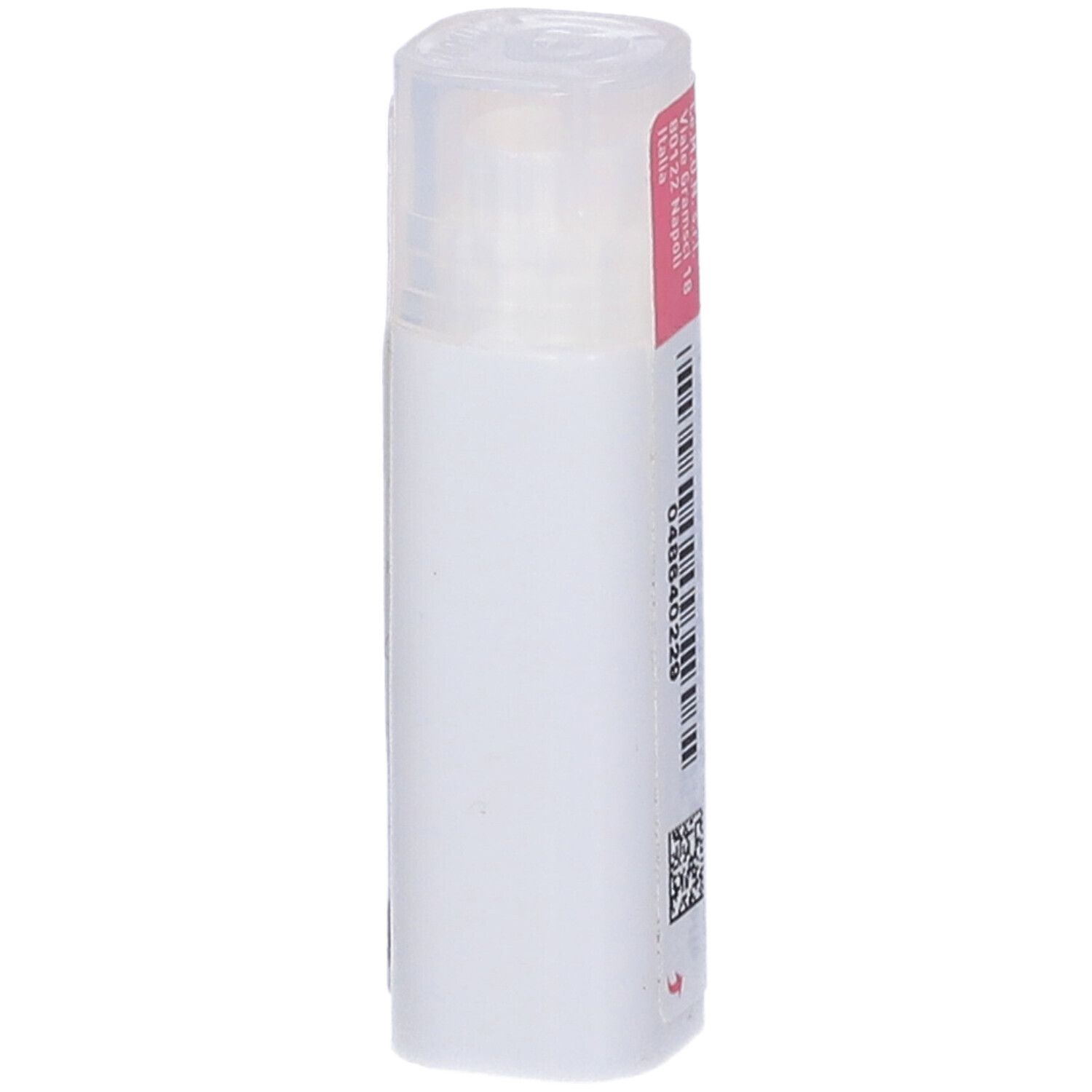 Contenitore cilindrico bianco con coperchio trasparente. Contiene granuli. Informazioni del produttore non visibili.