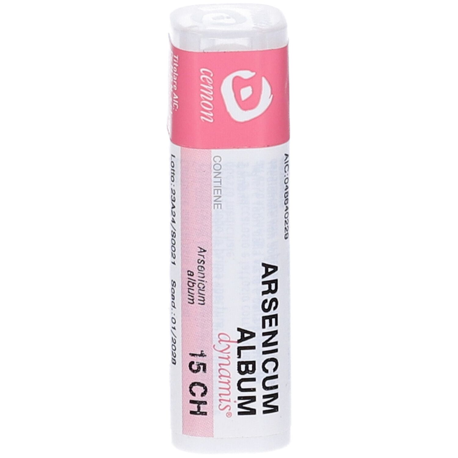 Flacone cilindrico con etichetta rosa. Scritta: Arsenicum album dynamis 15 CH. Produttore: Cemon.