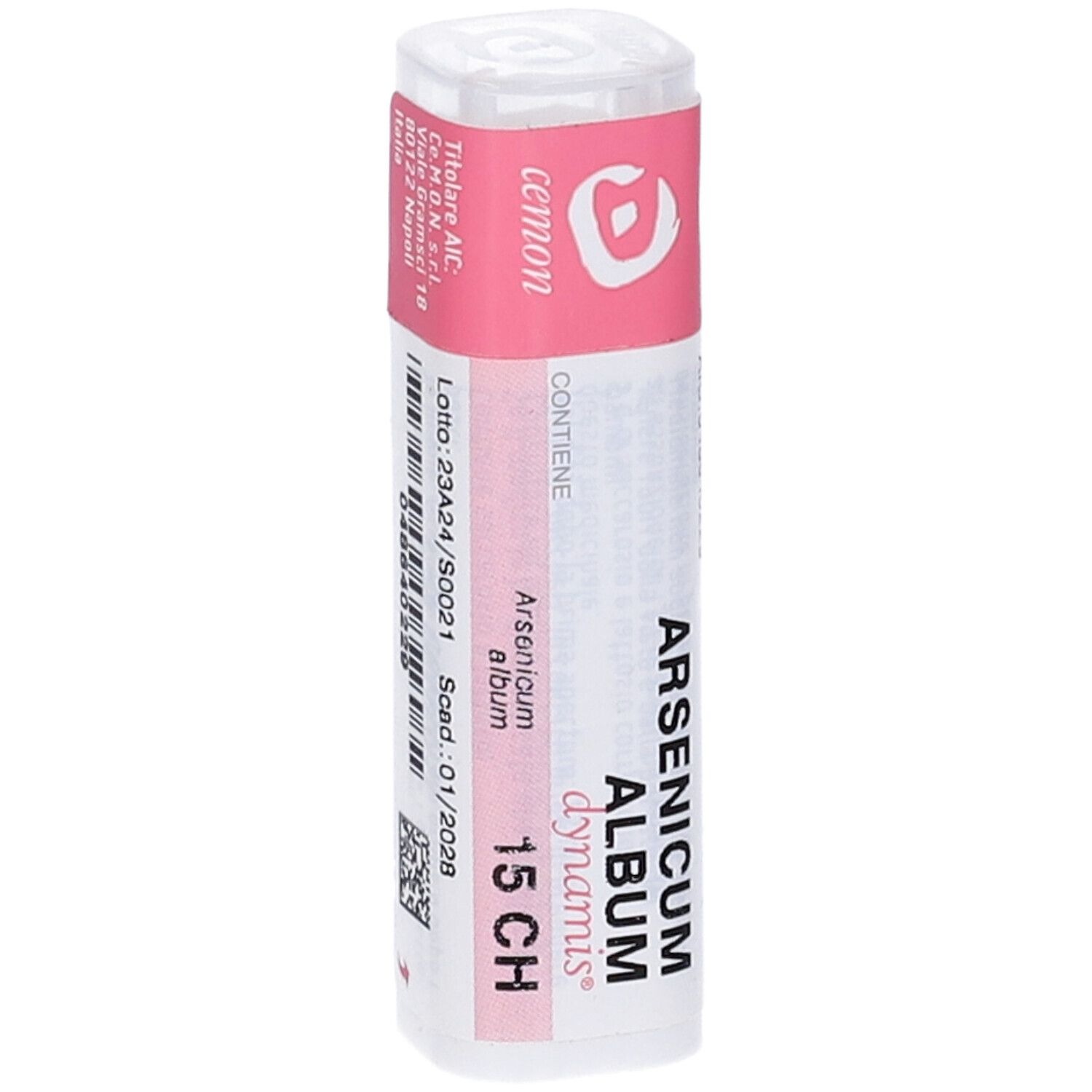 Flacone cilindrico con etichetta rosa. Scritta: Arsenicum album dynamis 15 CH. Con scadenza.